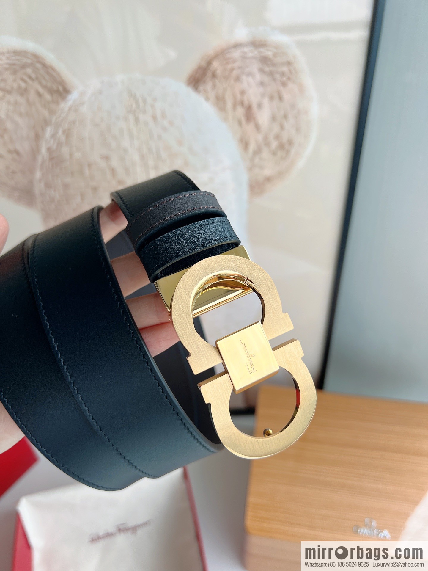 Ferragamo 8-figure buckle oblique inner profile polished double-sided first-layer cowhide belt 3.5cm