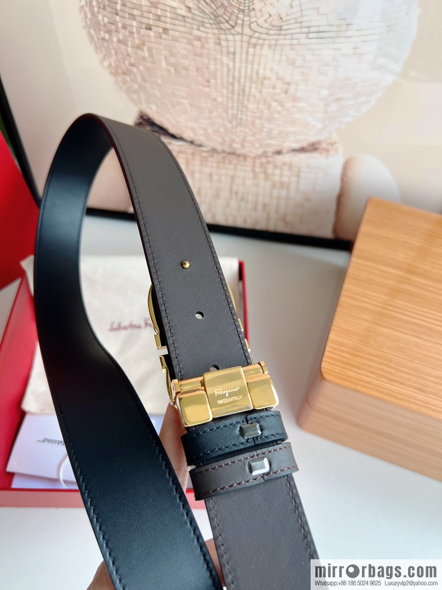 Ferragamo 8-figure buckle oblique inner profile polished double-sided first-layer cowhide belt 3.5cm