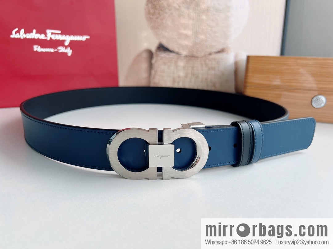 Ferragamo 8-figure buckle oblique inner profile polished double-sided first-layer cowhide belt 3.5cm