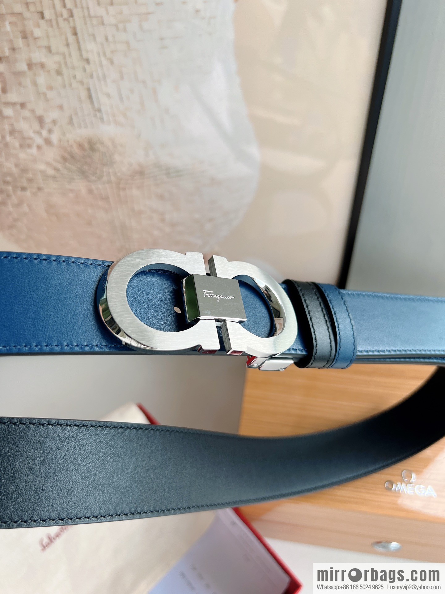 Ferragamo 8-figure buckle oblique inner profile polished double-sided first-layer cowhide belt 3.5cm