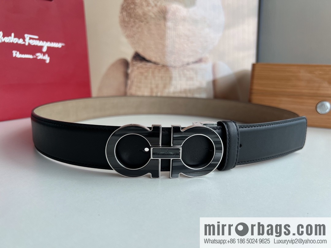 Salvatore Ferragamo Men's 3.5cm Stainless Steel Gancini Metal Buckle, Top Cowhide Belt