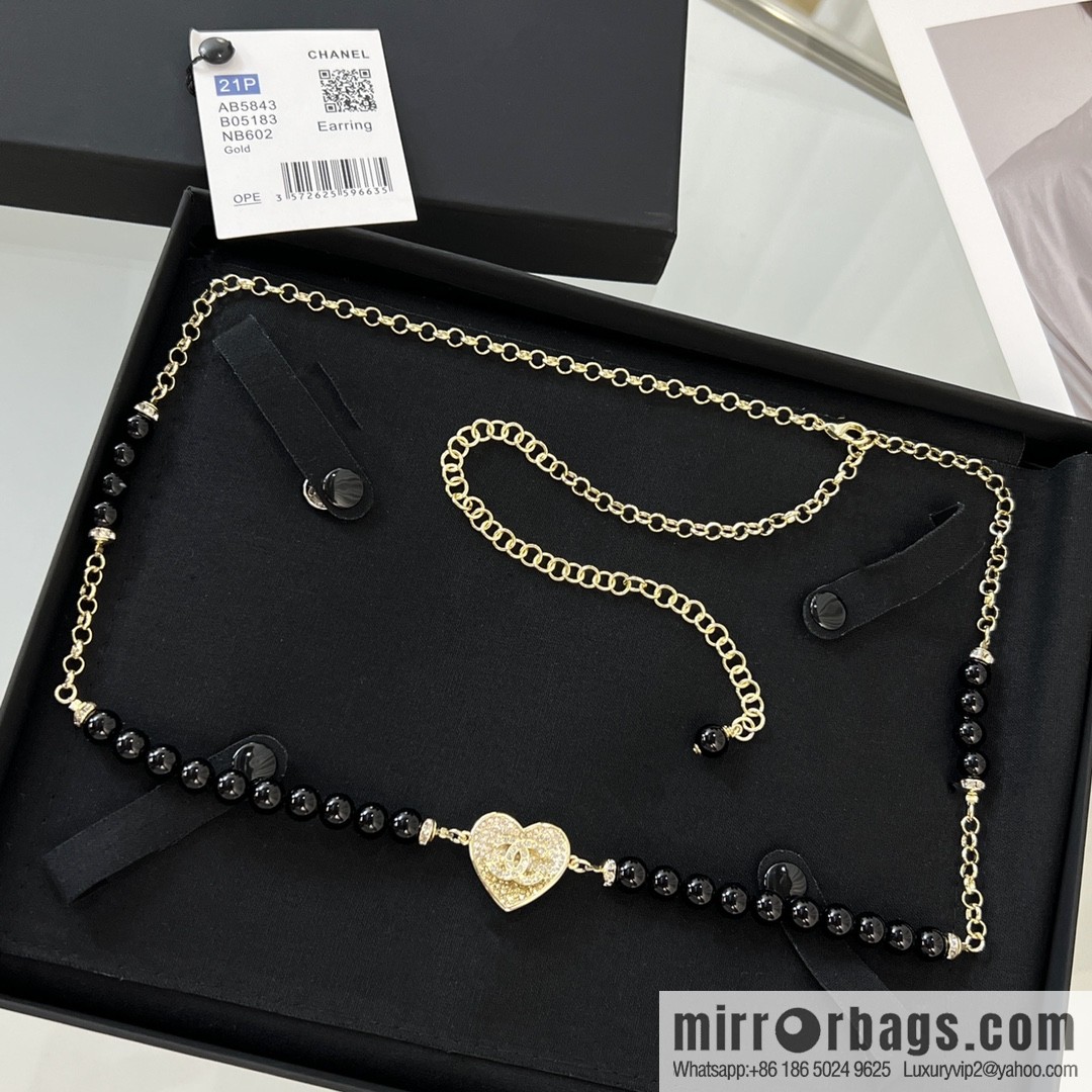 New ☑️ CHANEL CHANEL double c full diamond peach heart black pearl belt belt chain