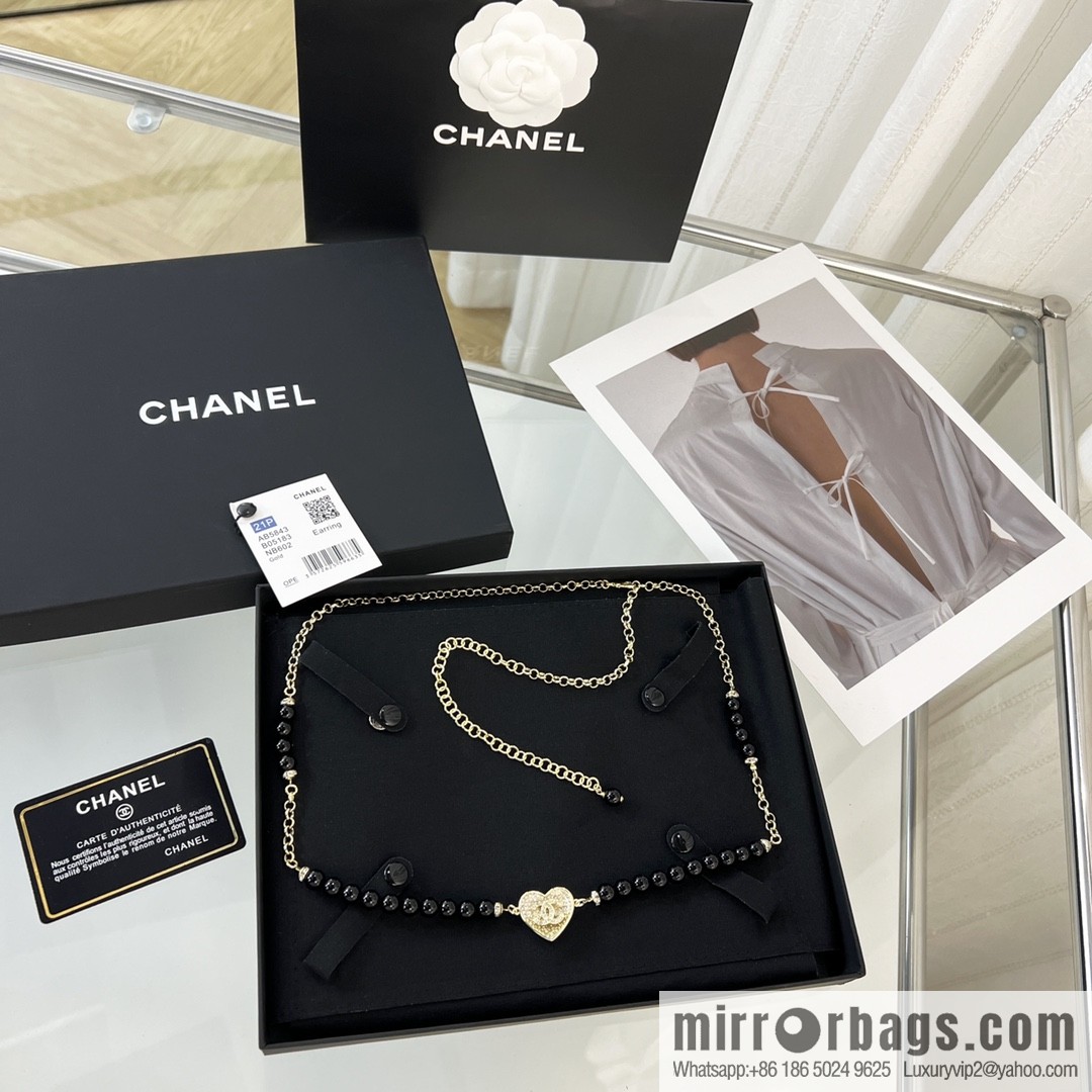 New ☑️ CHANEL CHANEL double c full diamond peach heart black pearl belt belt chain