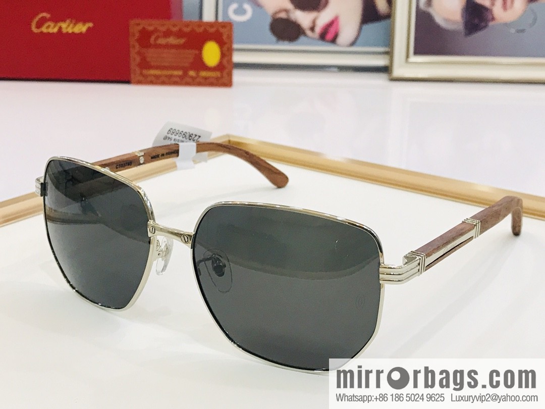 Cartier Wooden temple metal frame men's sunglasses
