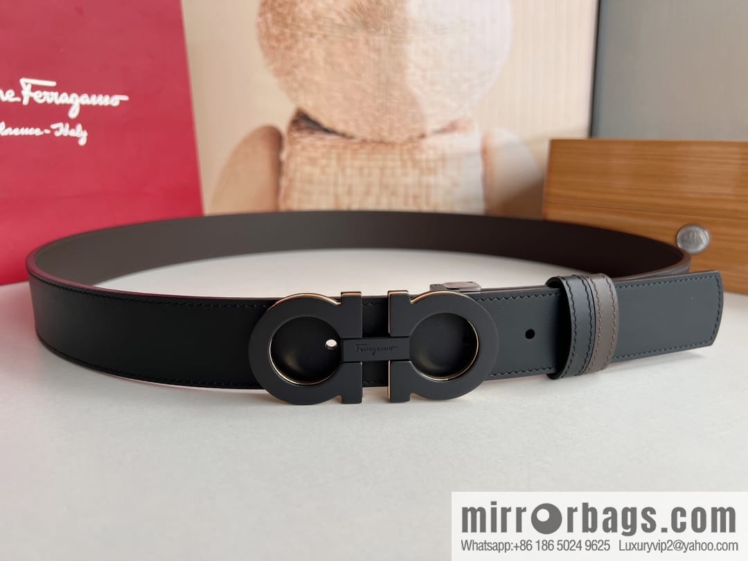 Salvatore Ferragamo Men's 3.5cm Exquisite Double Ring Metal Triple Clamp Buckle with First Cowhide Double Sided Belt