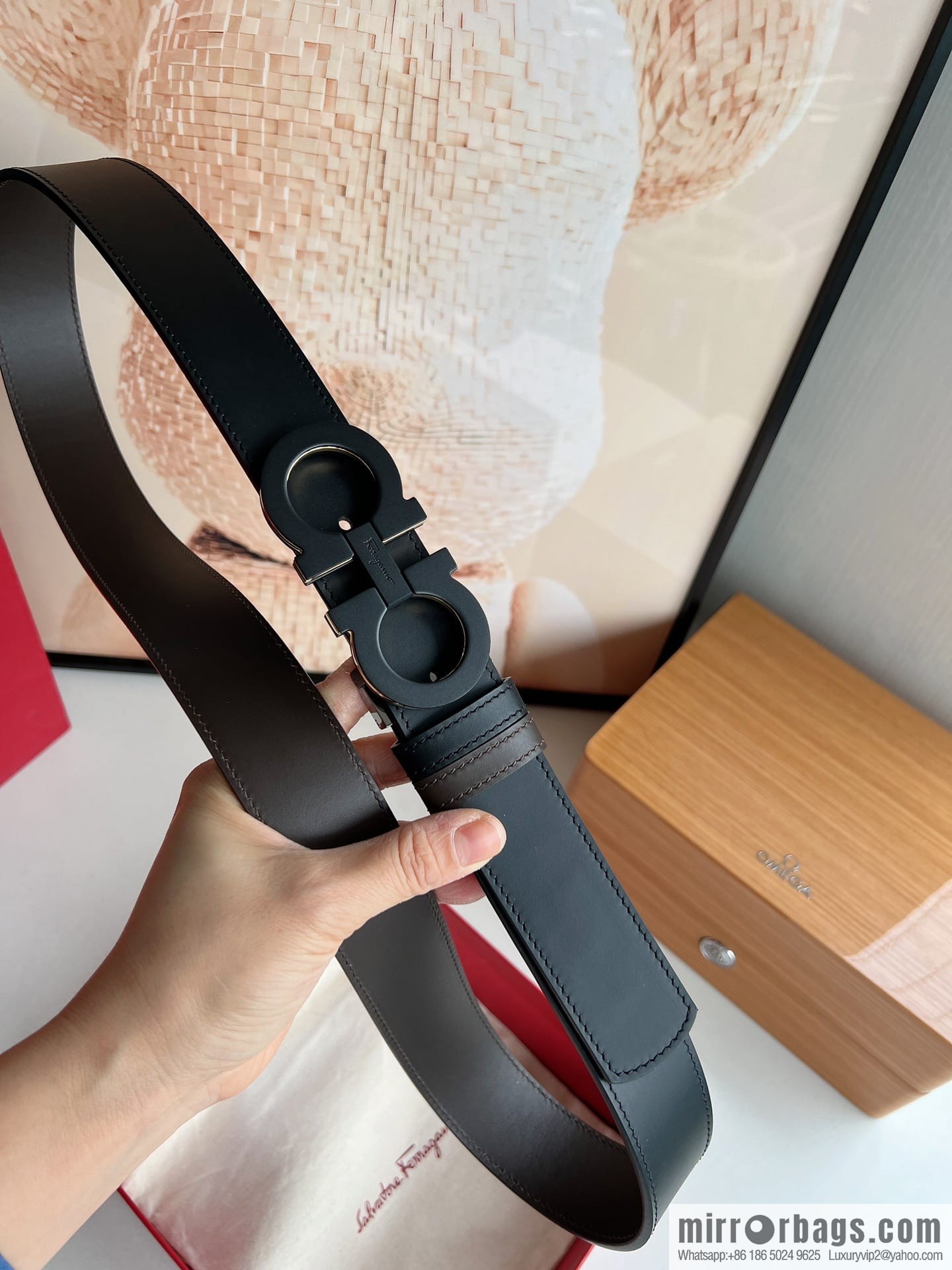 Salvatore Ferragamo Men's 3.5cm Exquisite Double Ring Metal Triple Clamp Buckle with First Cowhide Double Sided Belt