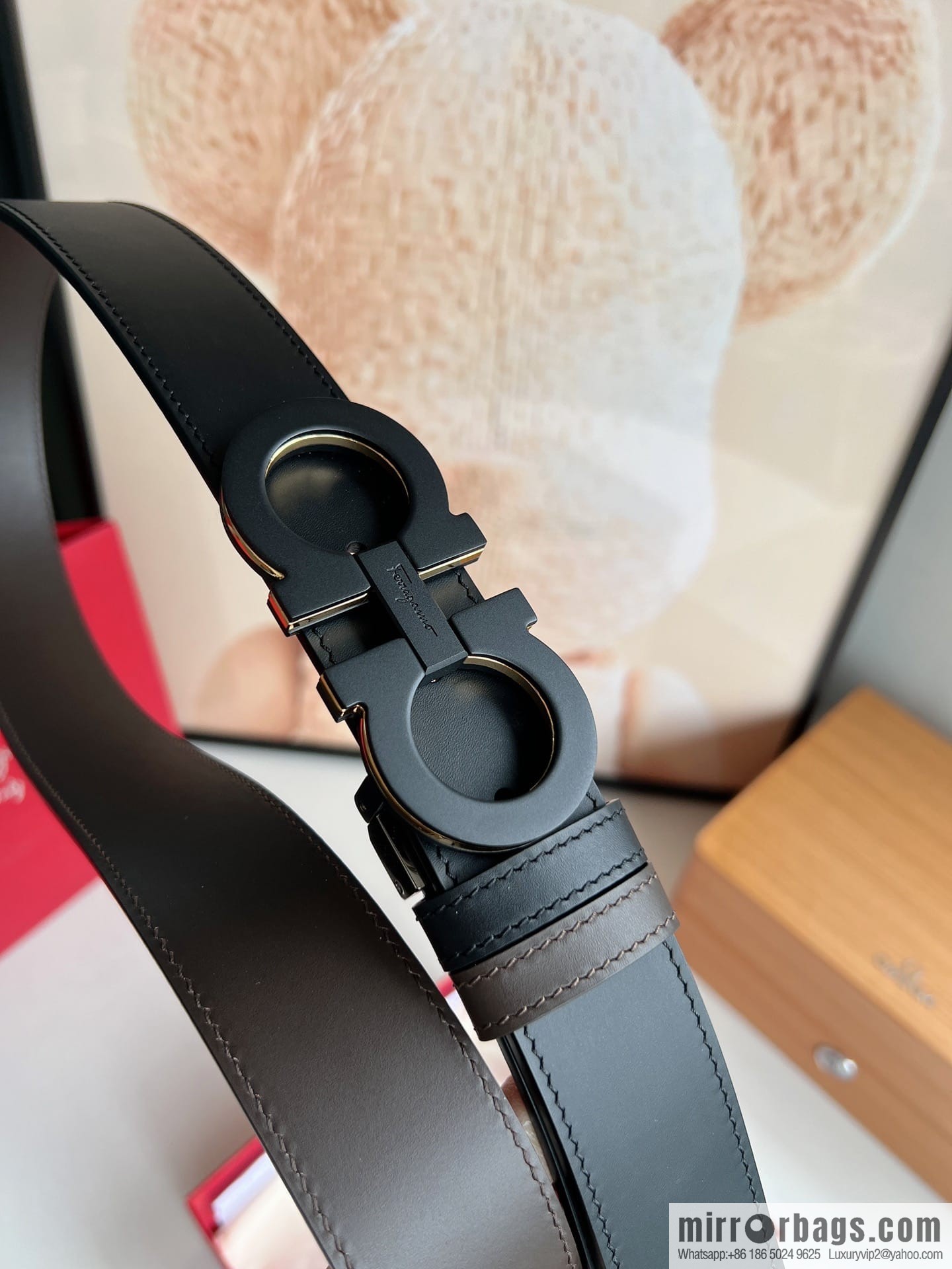 Salvatore Ferragamo Men's 3.5cm Exquisite Double Ring Metal Triple Clamp Buckle with First Cowhide Double Sided Belt