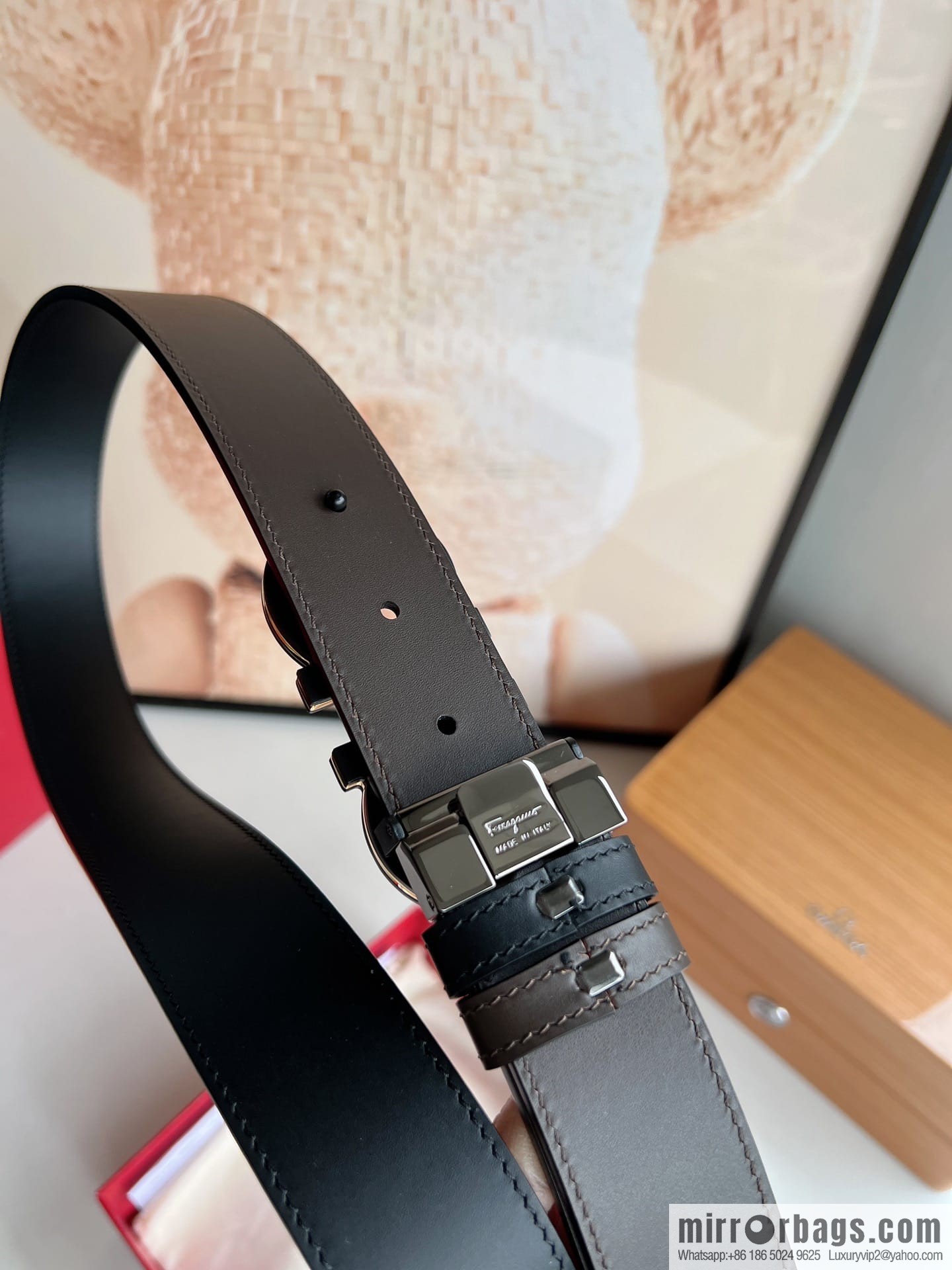 Salvatore Ferragamo Men's 3.5cm Exquisite Double Ring Metal Triple Clamp Buckle with First Cowhide Double Sided Belt