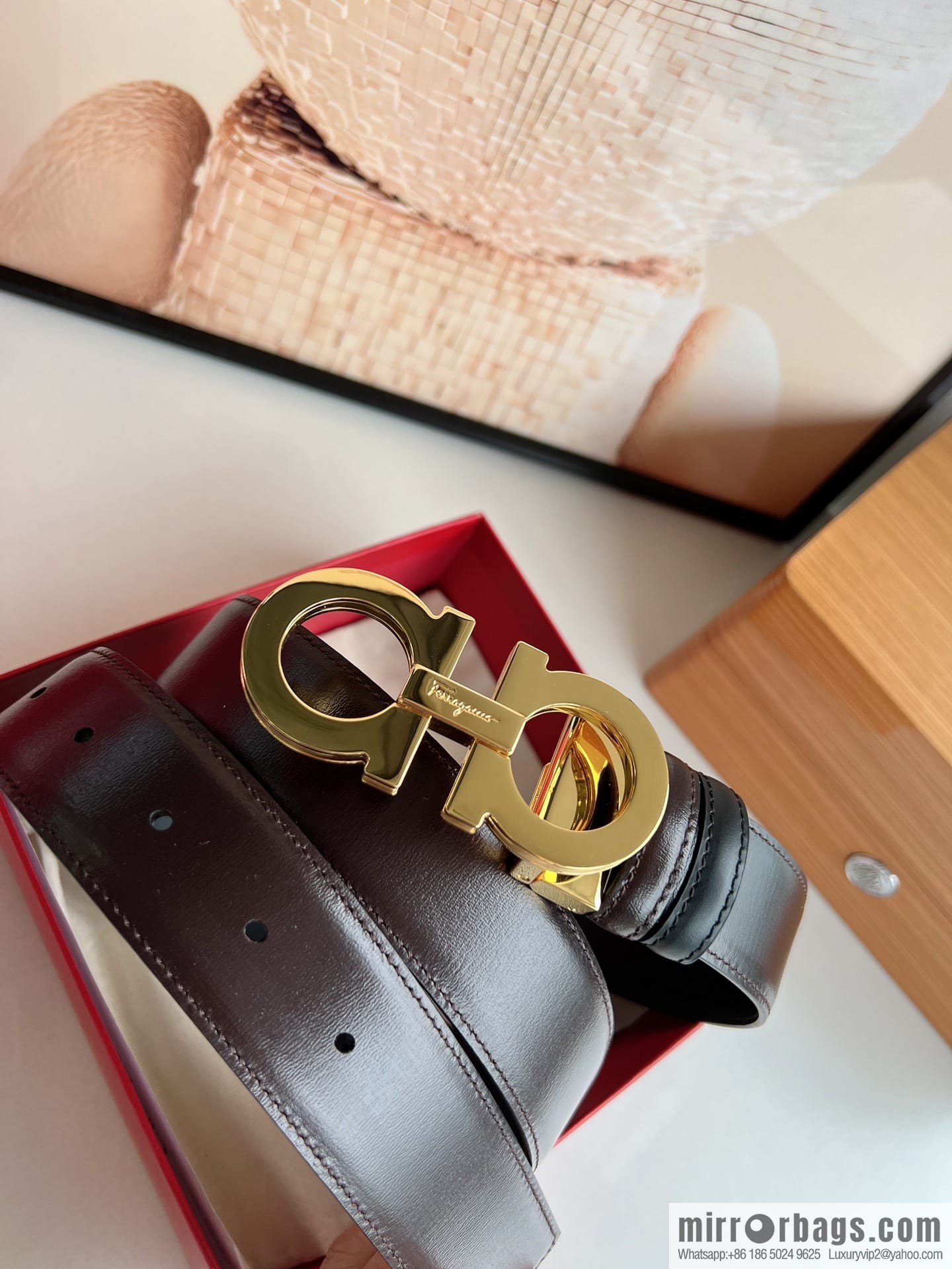 Salvatore Ferragamo Men's 3.5cm Exquisite Double Ring Metal Triple Clamp Buckle with First Cowhide Double Sided Belt