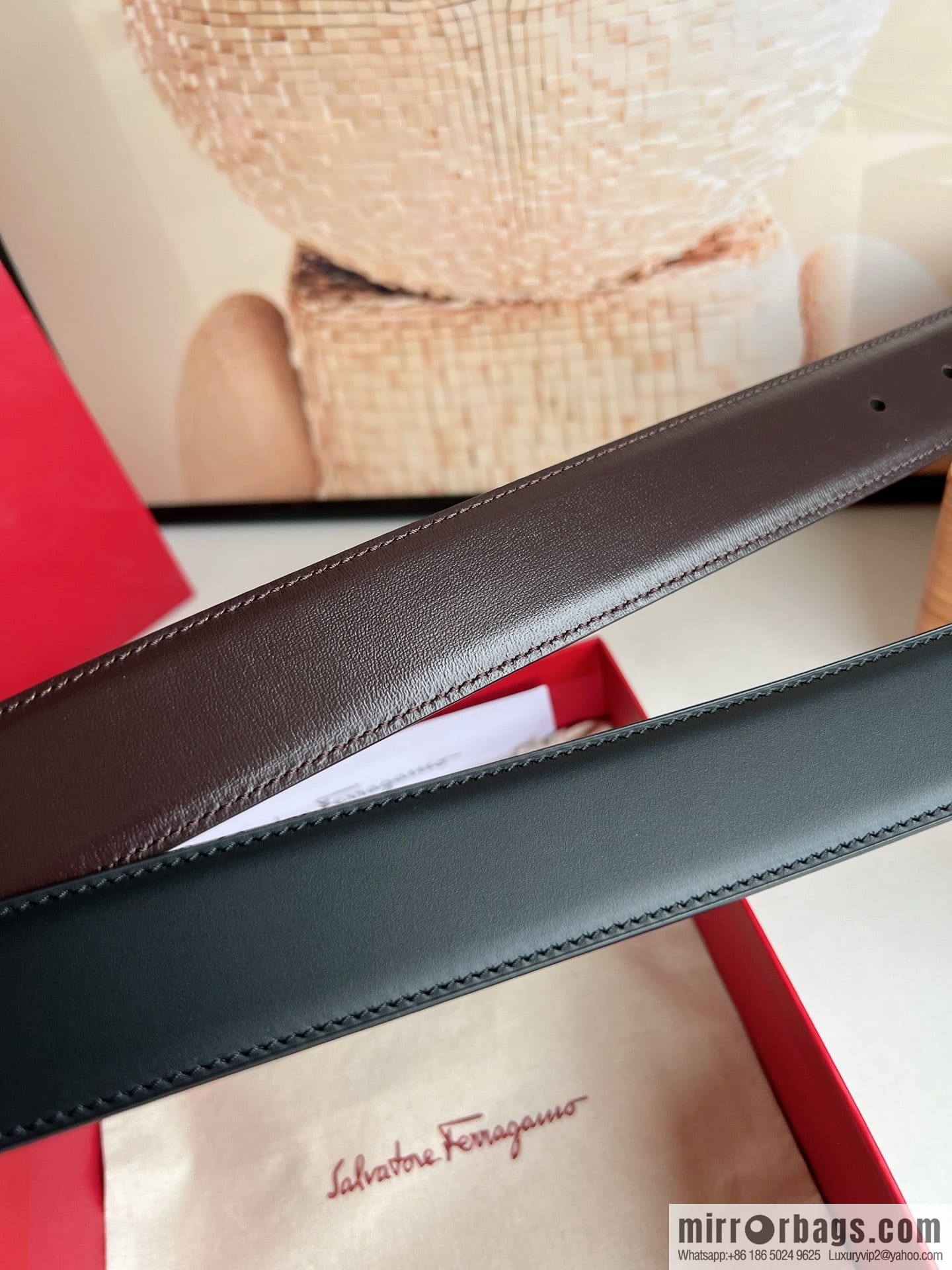 Salvatore Ferragamo Men's 3.5cm Exquisite Double Ring Metal Triple Clamp Buckle with First Cowhide Double Sided Belt