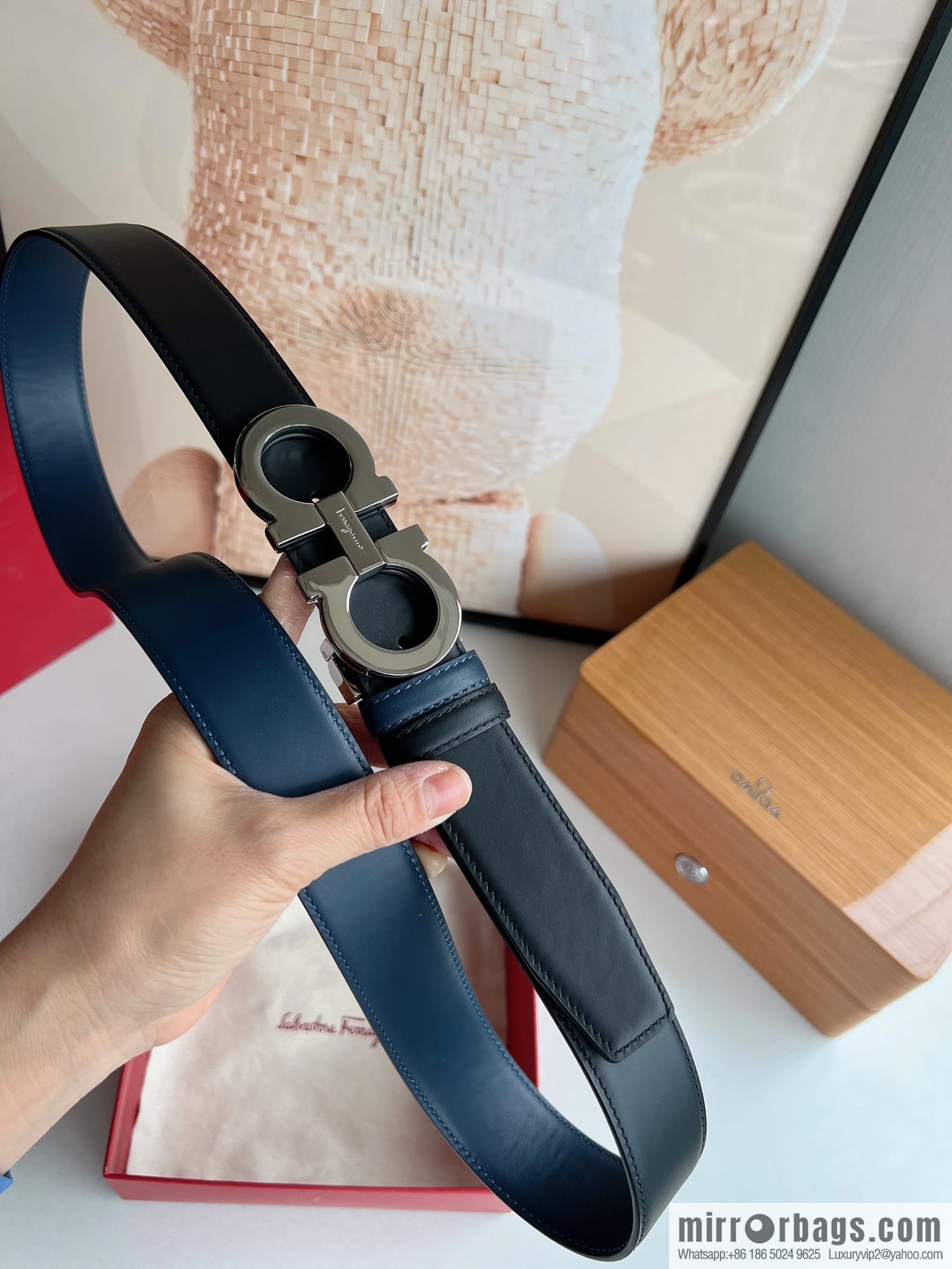 Salvatore Ferragamo Men's 3.5cm Exquisite Double Ring Metal Triple Clamp Buckle with First Cowhide Double Sided Belt