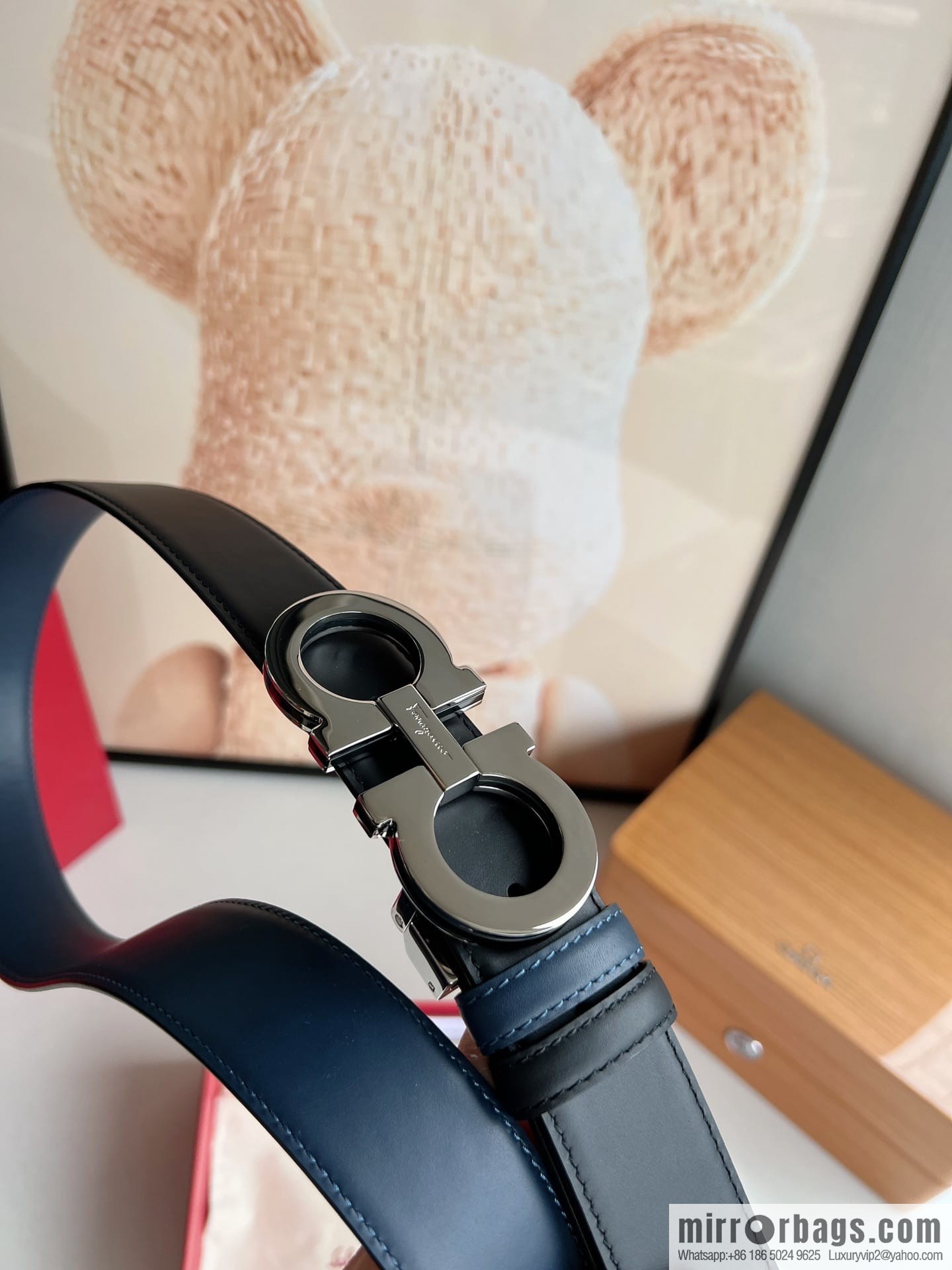 Salvatore Ferragamo Men's 3.5cm Exquisite Double Ring Metal Triple Clamp Buckle with First Cowhide Double Sided Belt