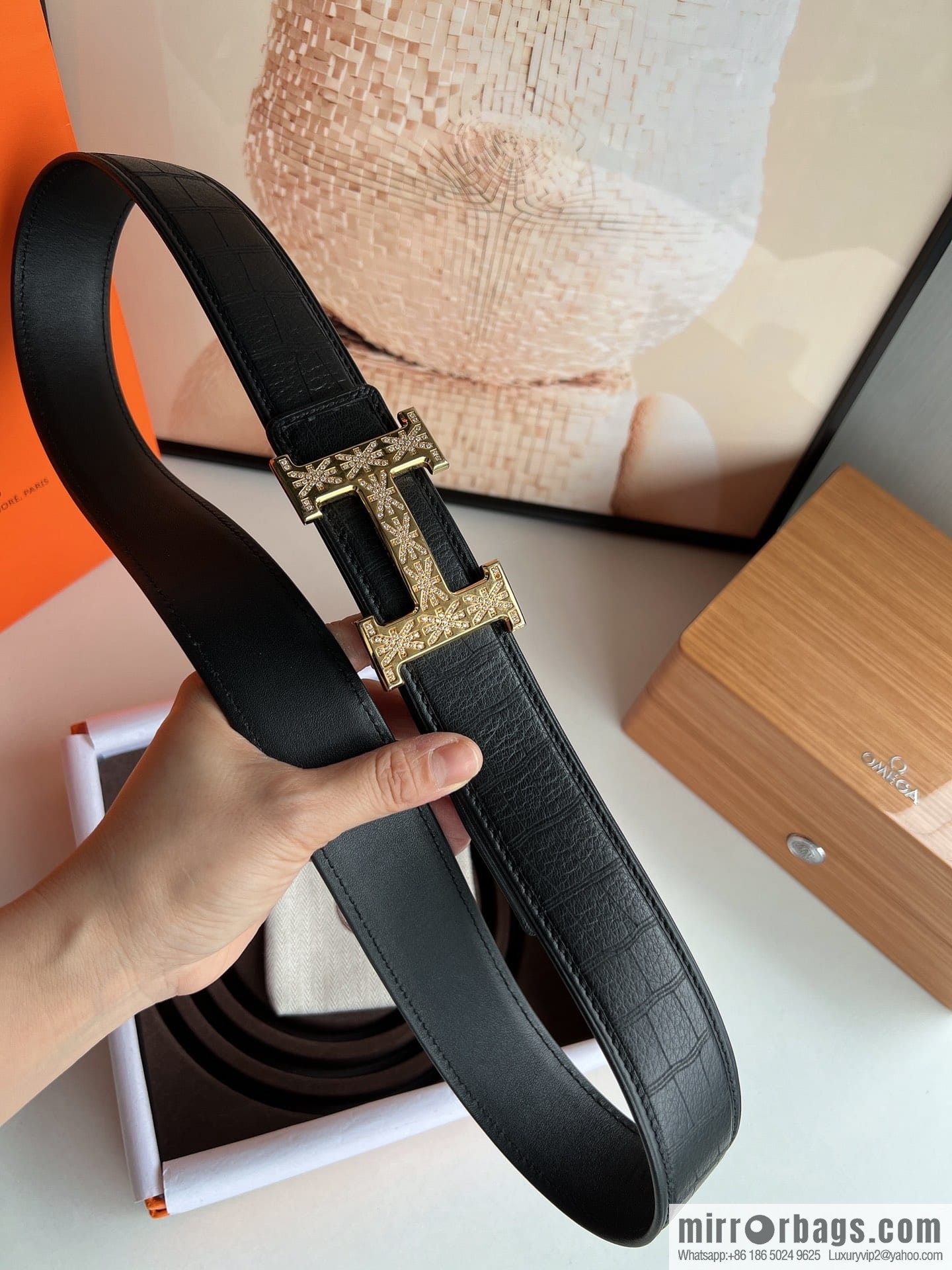 Hermes Hermes, men's 3.8cm stainless steel H inlaid diamond buckle belt