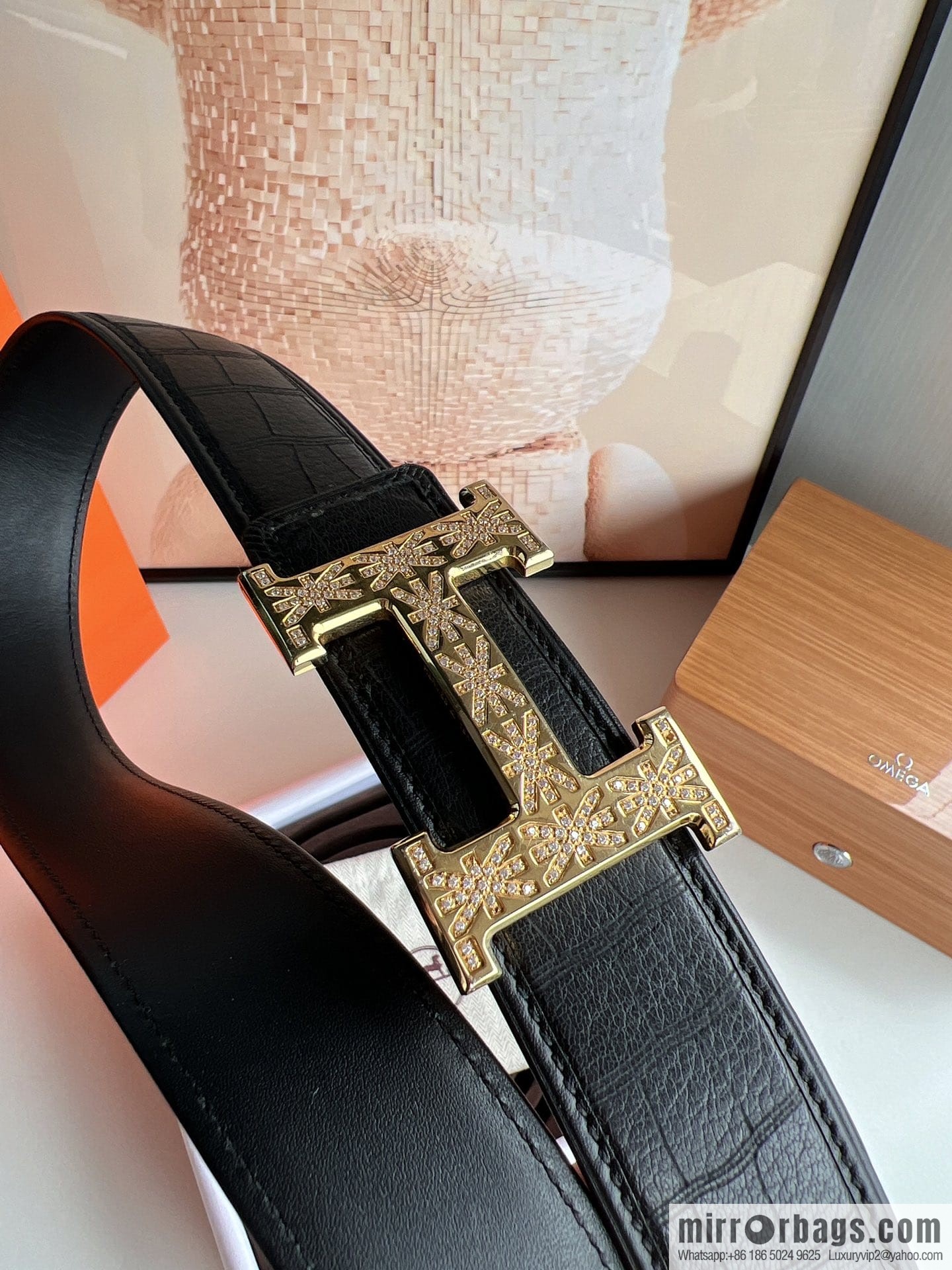 Hermes Hermes, men's 3.8cm stainless steel H inlaid diamond buckle belt