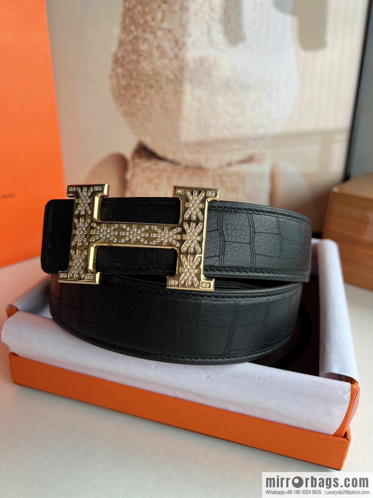 Hermes Hermes, men's 3.8cm stainless steel H inlaid diamond buckle belt