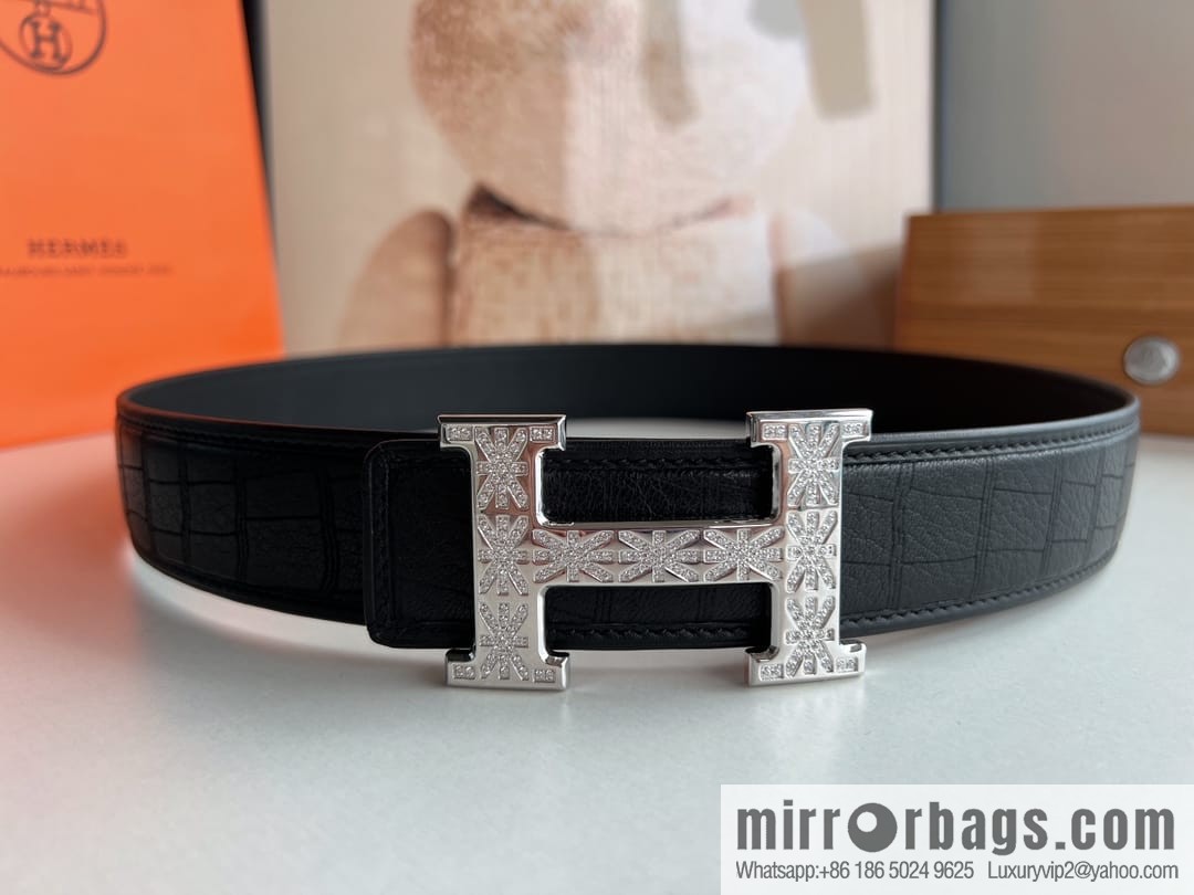 Hermes Hermes, men's 3.8cm stainless steel H inlaid diamond buckle belt