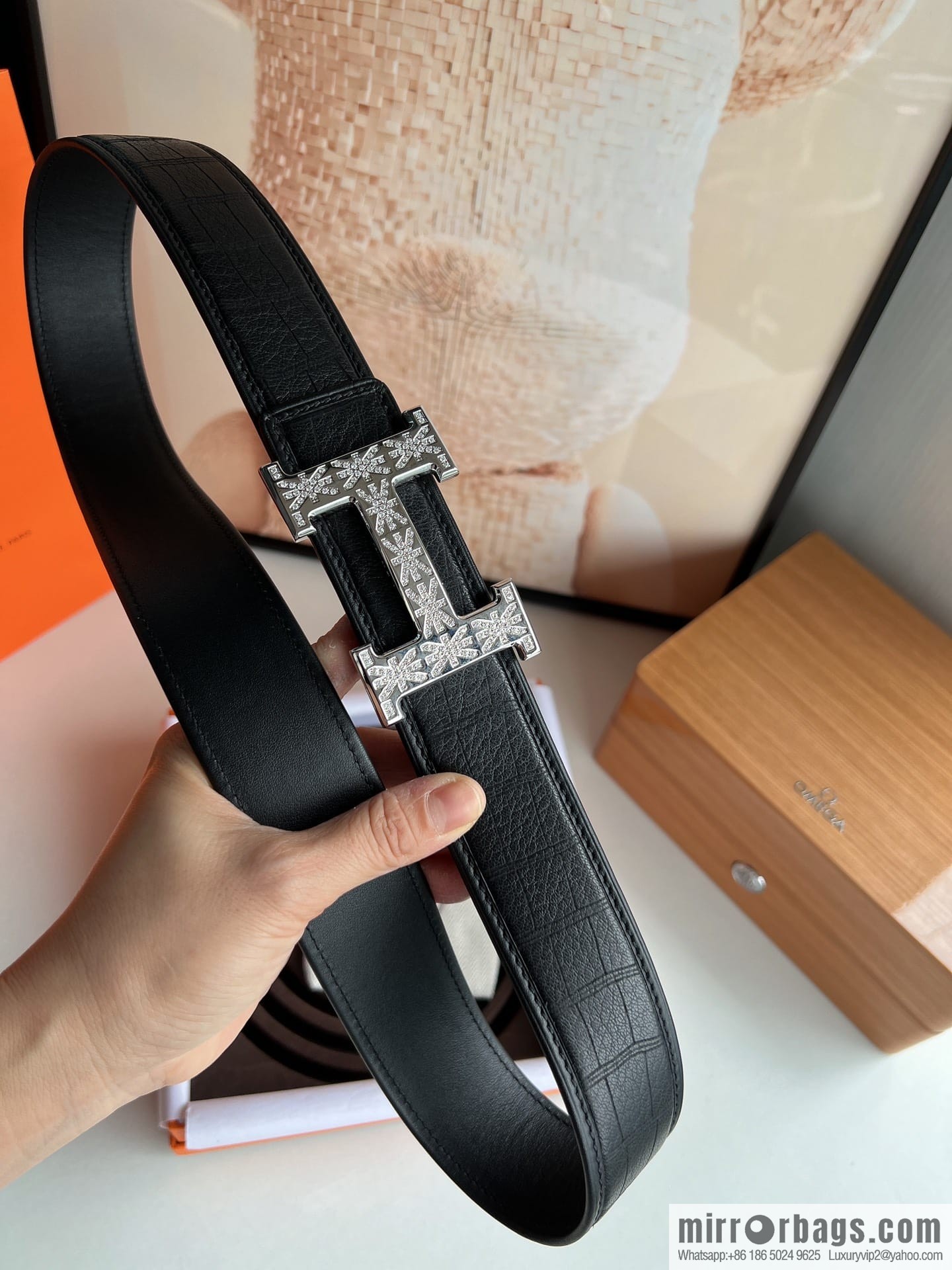 Hermes Hermes, men's 3.8cm stainless steel H inlaid diamond buckle belt