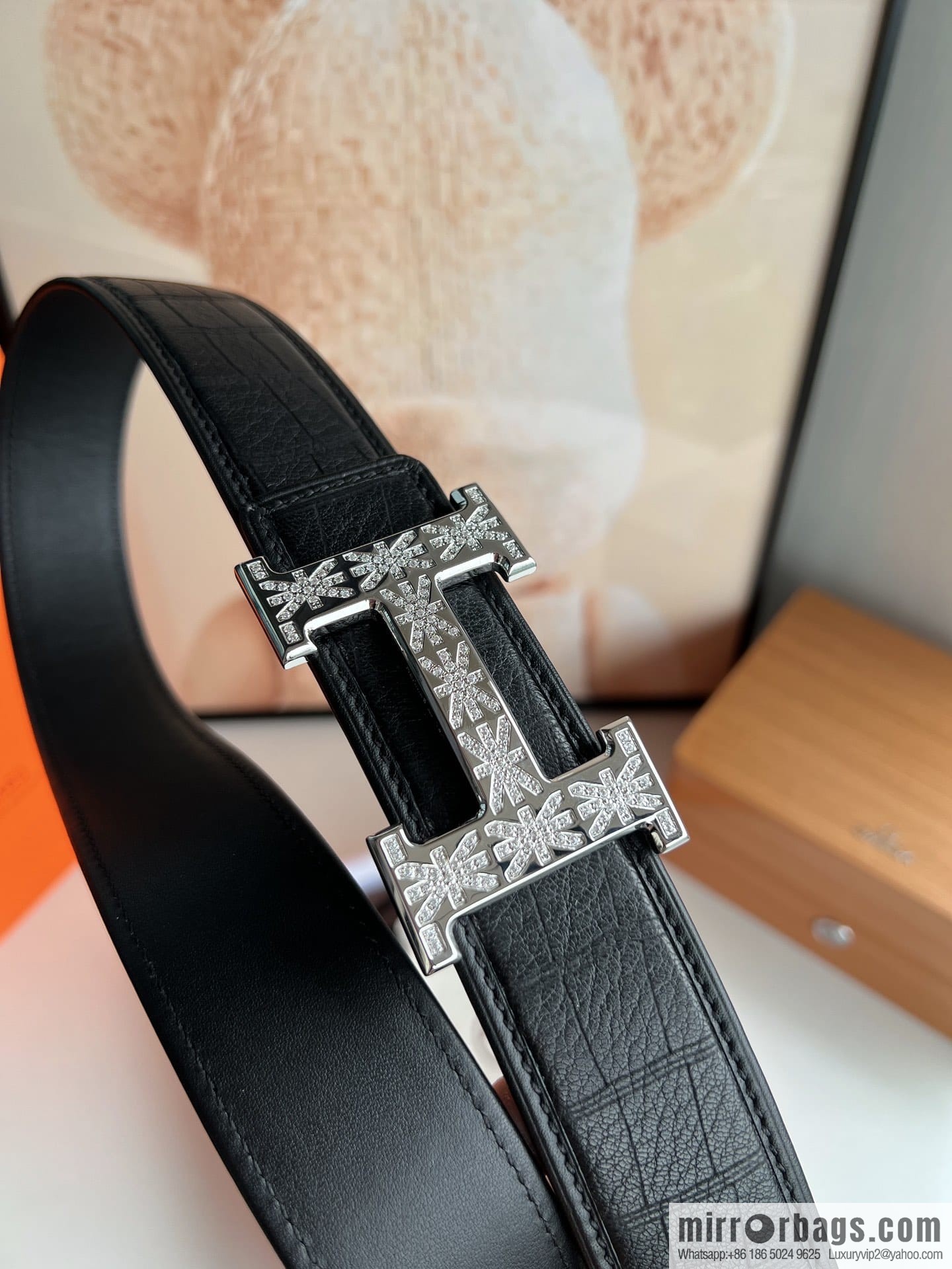 Hermes Hermes, men's 3.8cm stainless steel H inlaid diamond buckle belt