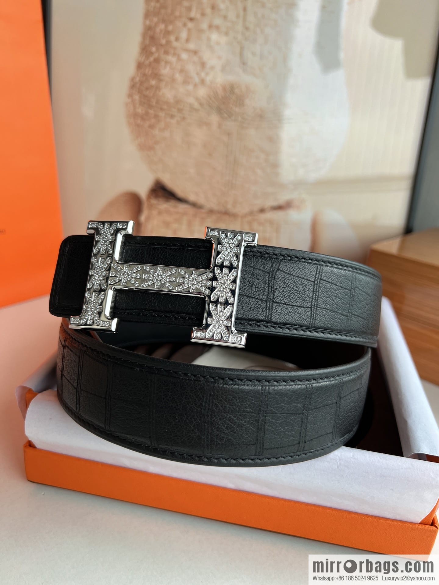 Hermes Hermes, men's 3.8cm stainless steel H inlaid diamond buckle belt