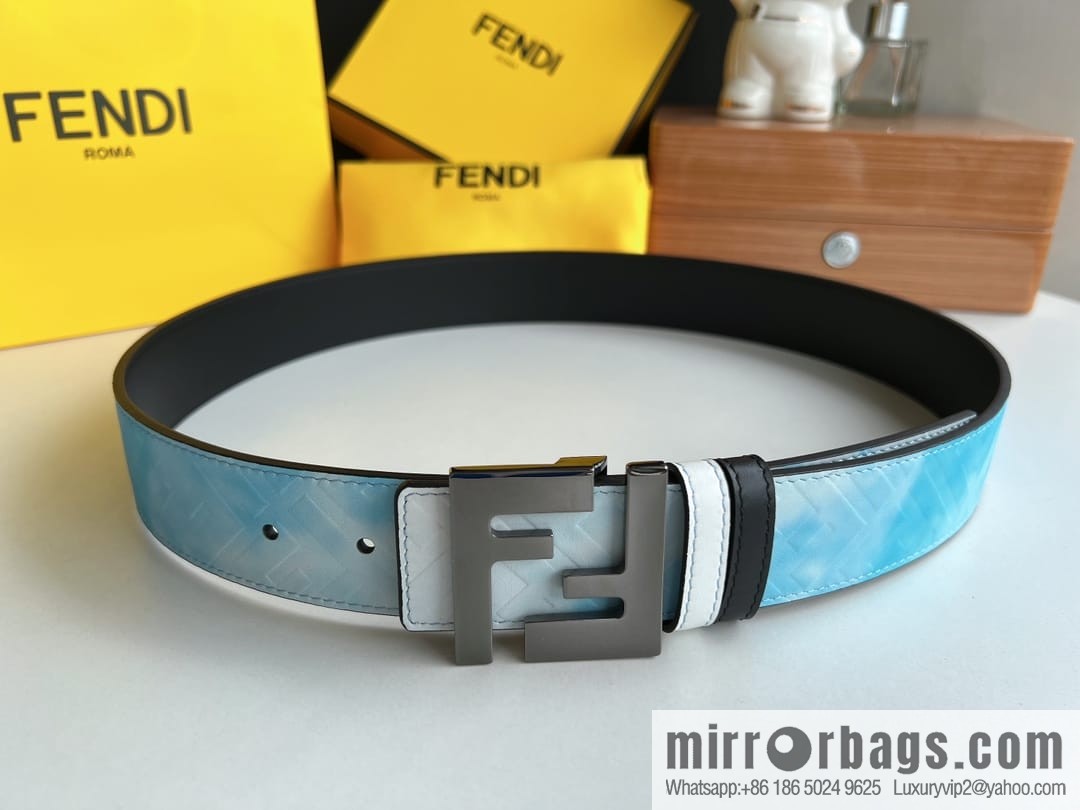 FENDI's latest extraordinary creative gradual change printing light blue double FF cowhide belt 4.0cm