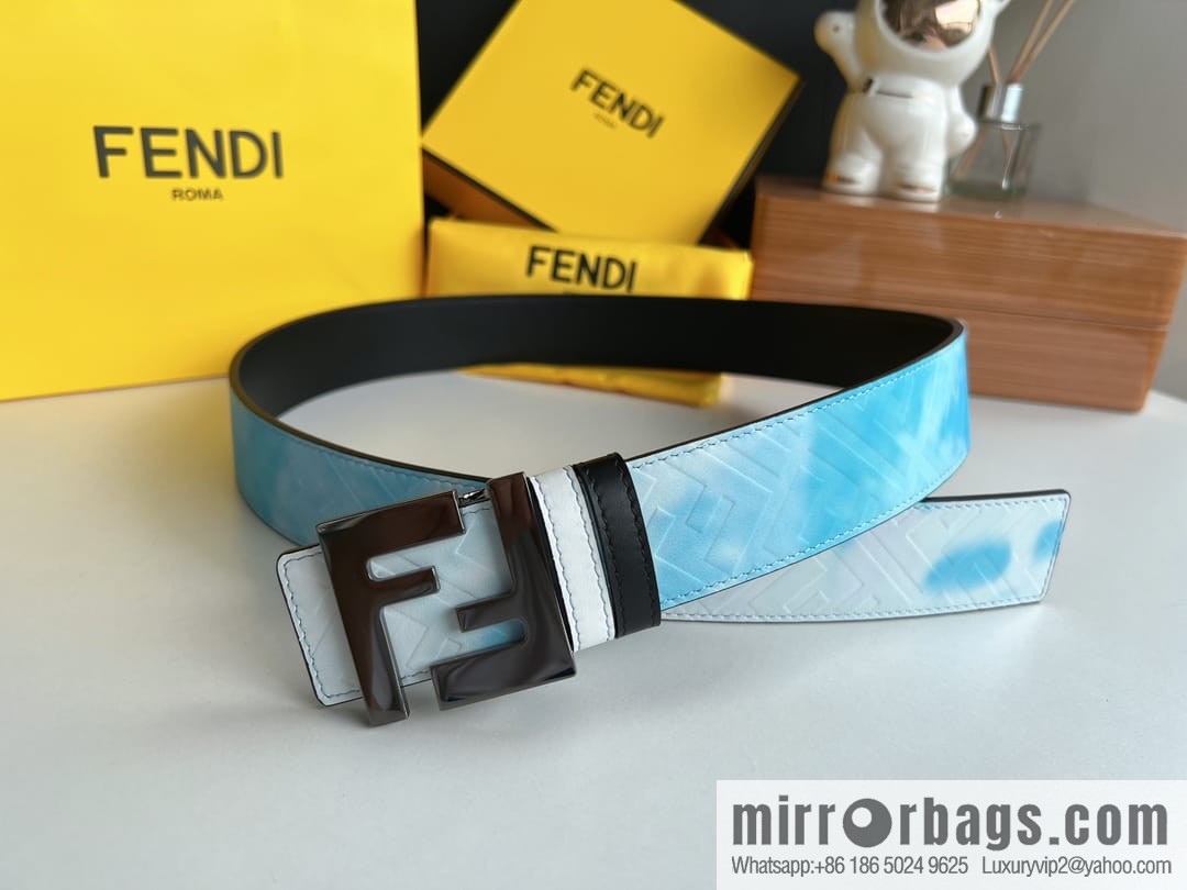 FENDI's latest extraordinary creative gradual change printing light blue double FF cowhide belt 4.0cm