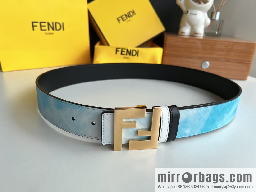 FENDI's latest extraordinary creative gradual change printing light blue double FF cowhide belt 4.0cm