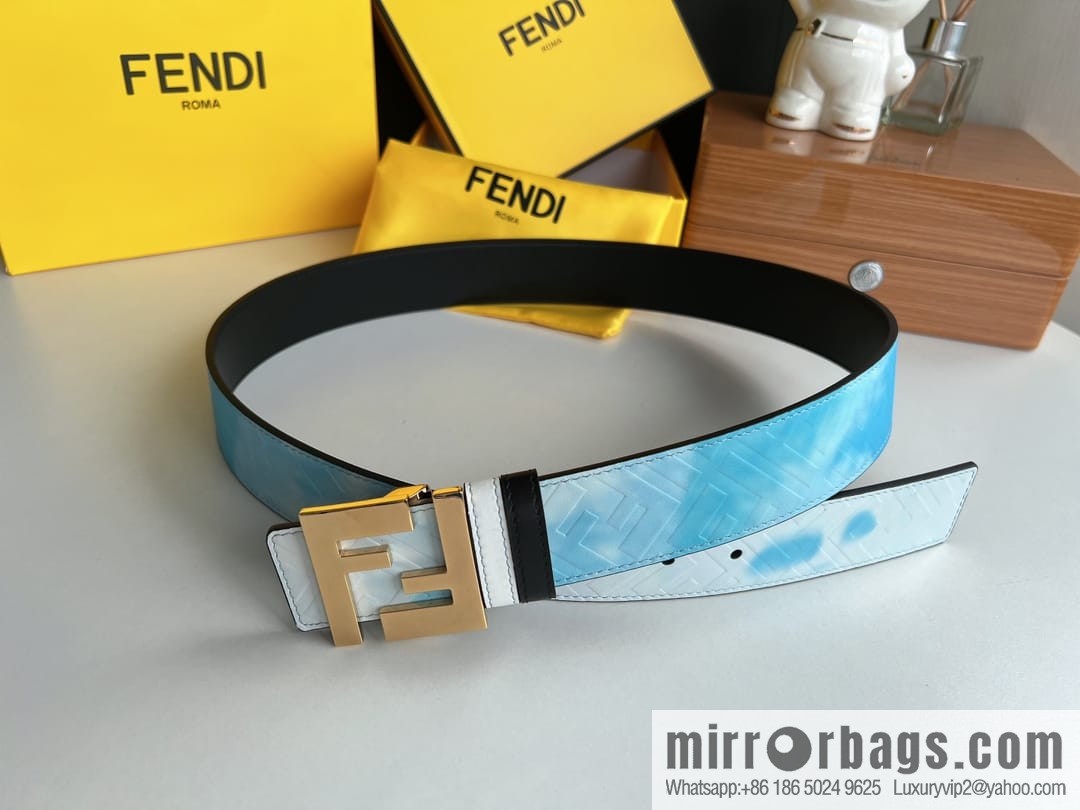 FENDI's latest extraordinary creative gradual change printing light blue double FF cowhide belt 4.0cm