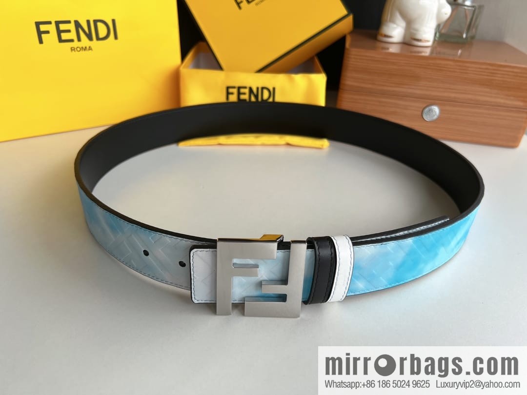 FENDI's latest extraordinary creative gradual change printing light blue double FF cowhide belt 4.0cm
