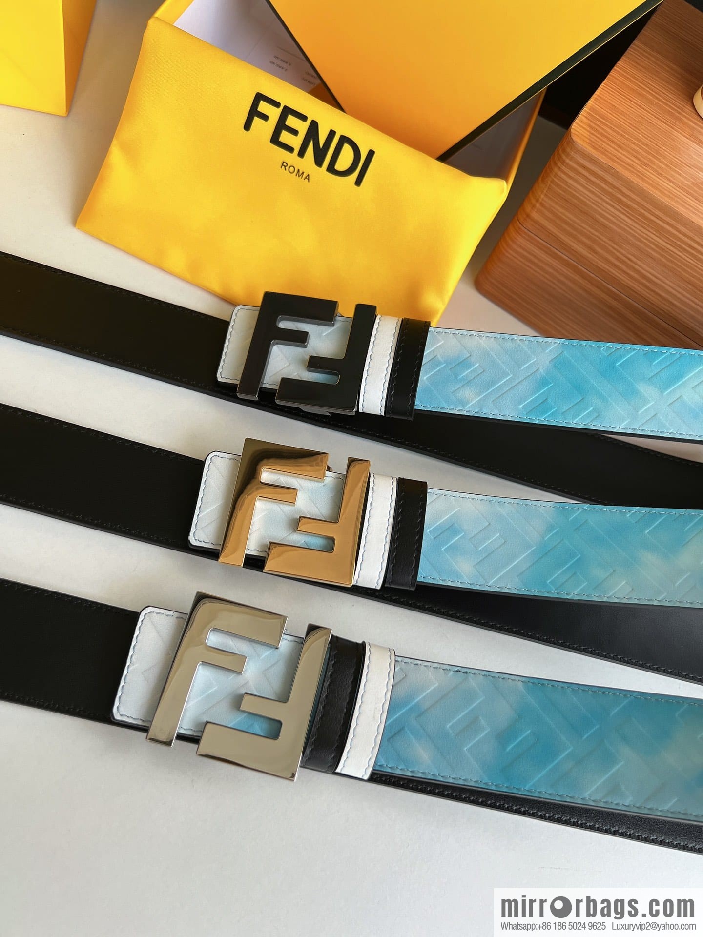 FENDI's latest extraordinary creative gradual change printing light blue double FF cowhide belt 4.0cm