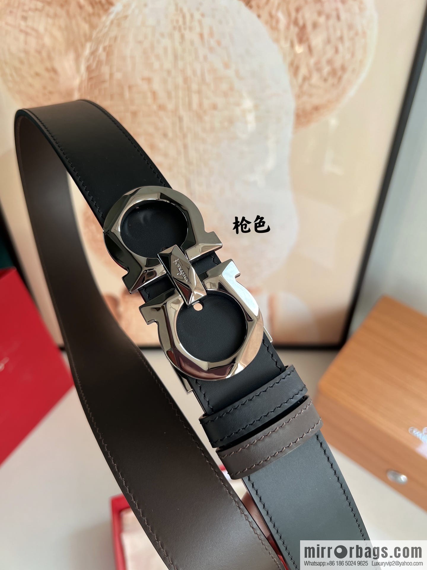 Salvatore Ferragamo Men's 3.5cm Delicate Double Circle Original Rhombus Buckle with First Cowhide Double Sided Belt