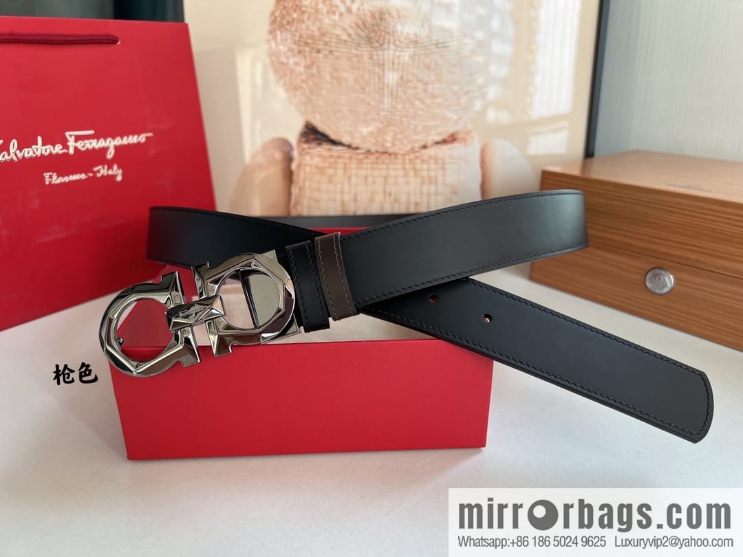 Salvatore Ferragamo Men's 3.5cm Delicate Double Circle Original Rhombus Buckle with First Cowhide Double Sided Belt