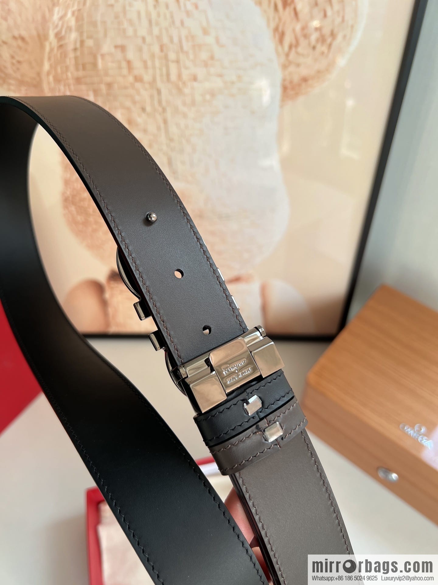 Salvatore Ferragamo Men's 3.5cm Delicate Double Circle Original Rhombus Buckle with First Cowhide Double Sided Belt