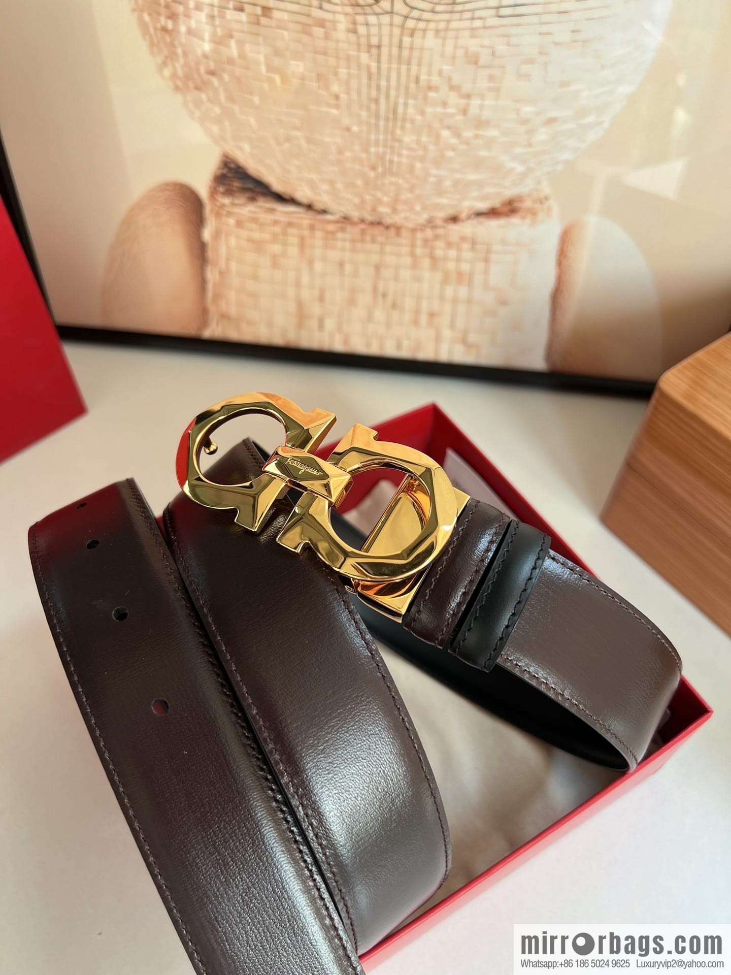 Salvatore Ferragamo Men's 3.5cm Delicate Double Circle Original Rhombus Buckle with First Cowhide Double Sided Belt