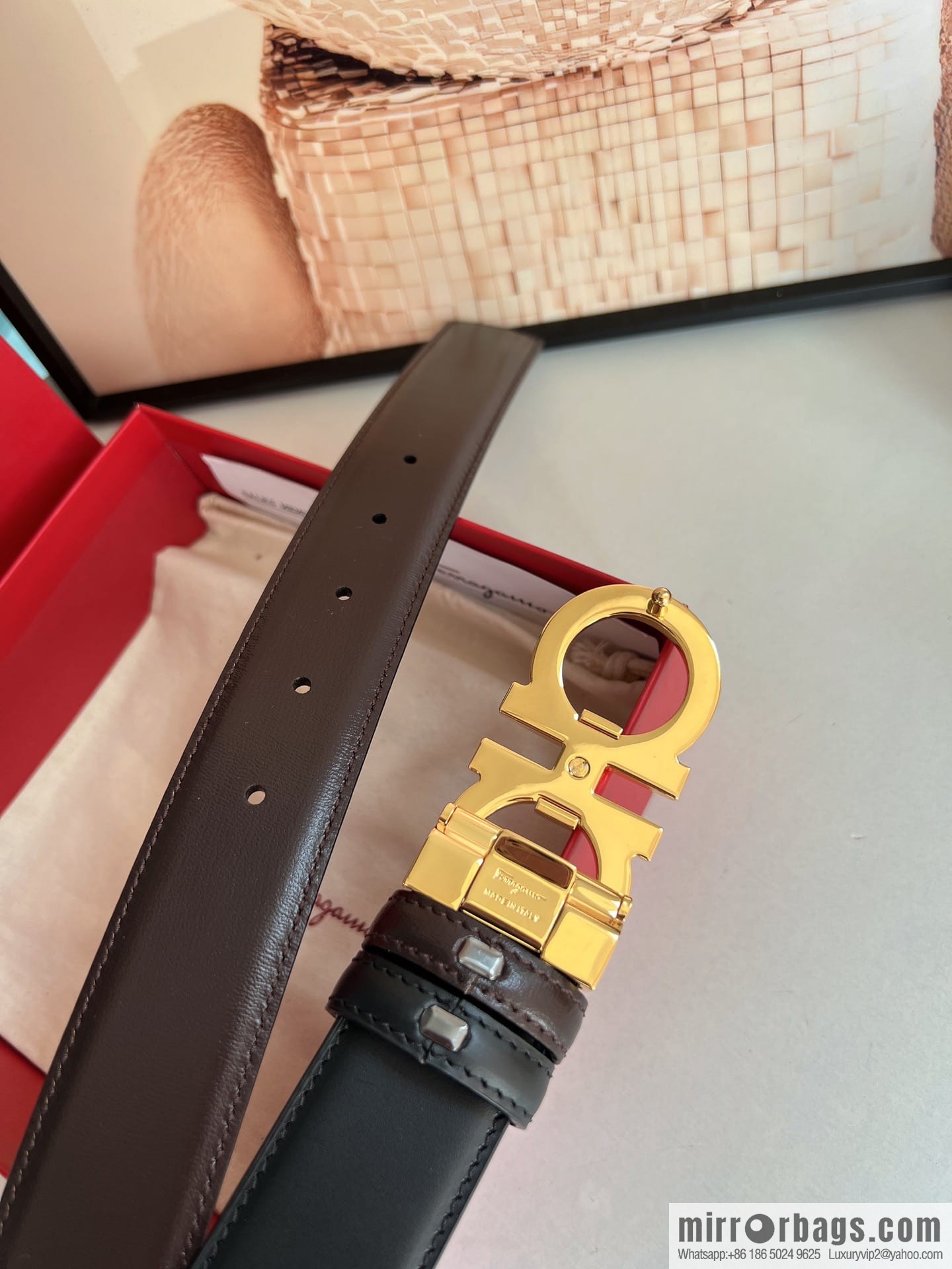 Salvatore Ferragamo Men's 3.5cm Delicate Double Circle Original Rhombus Buckle with First Cowhide Double Sided Belt