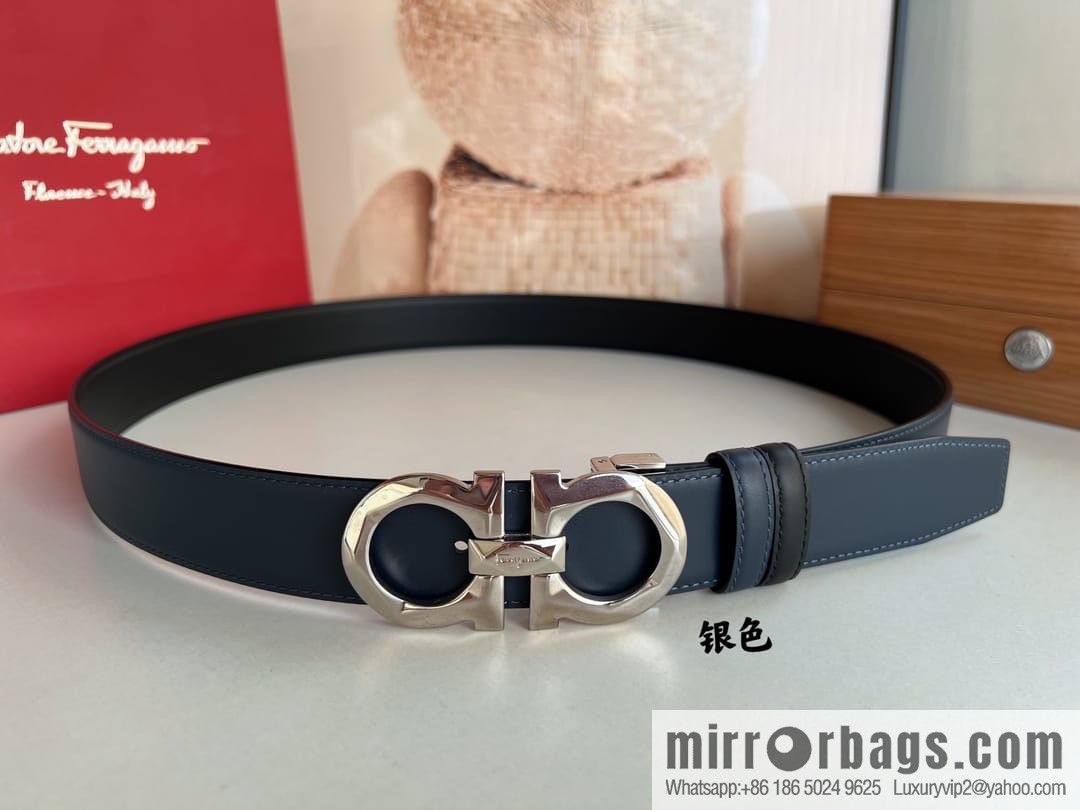 Salvatore Ferragamo Men's 3.5cm Delicate Double Circle Original Rhombus Buckle with First Cowhide Double Sided Belt