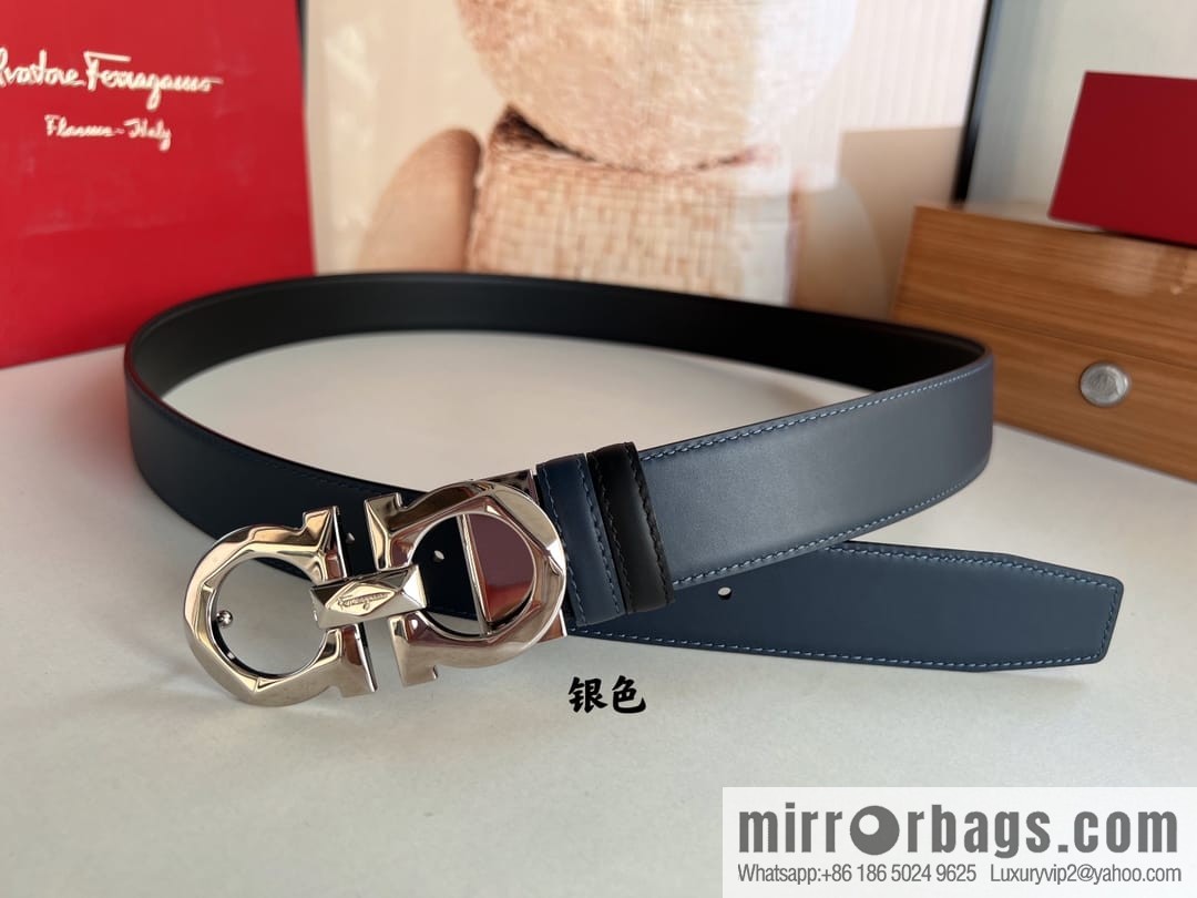 Salvatore Ferragamo Men's 3.5cm Delicate Double Circle Original Rhombus Buckle with First Cowhide Double Sided Belt