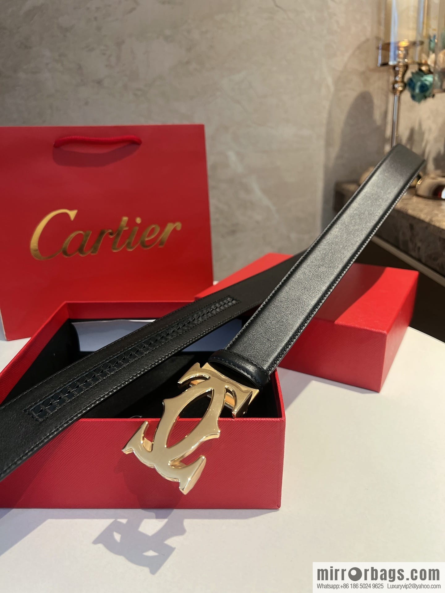 Cartier Men's 3.5cm Classic Stainless Steel Double C Automatic Buckle, Double Sided First Cowhide Belt Alveolar Belt