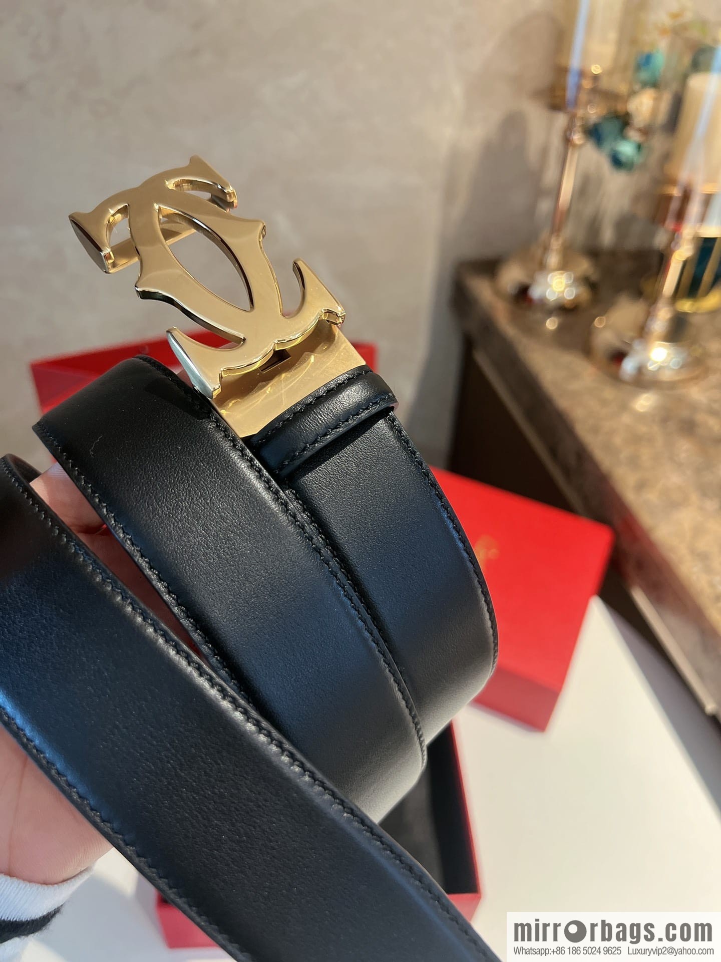 Cartier Men's 3.5cm Classic Stainless Steel Double C Automatic Buckle, Double Sided First Cowhide Belt Alveolar Belt