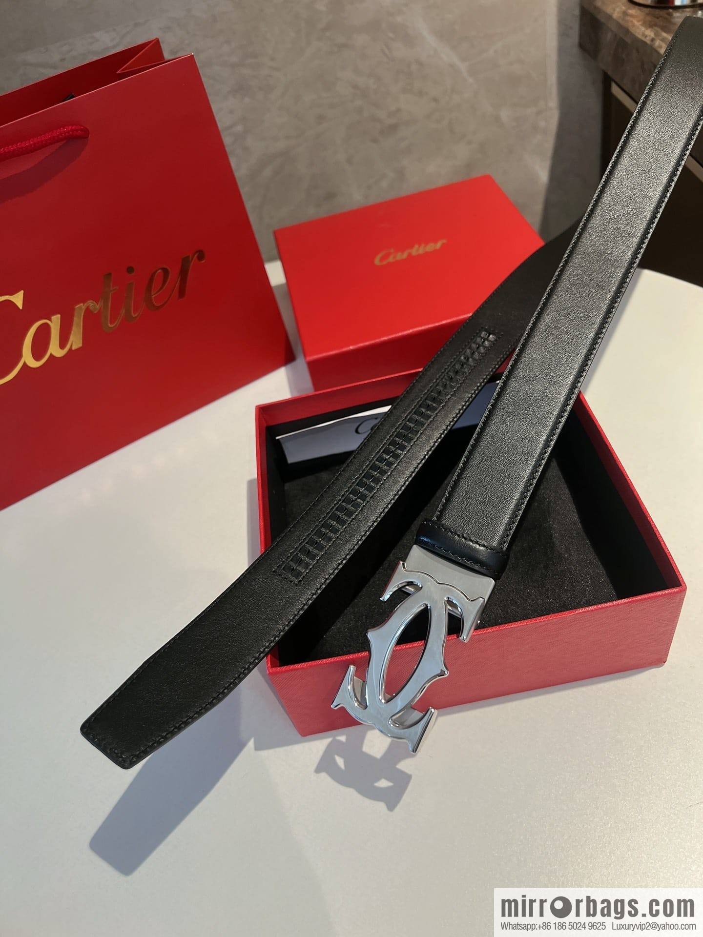 Cartier Men's 3.5cm Classic Stainless Steel Double C Automatic Buckle, Double Sided First Cowhide Belt Alveolar Belt