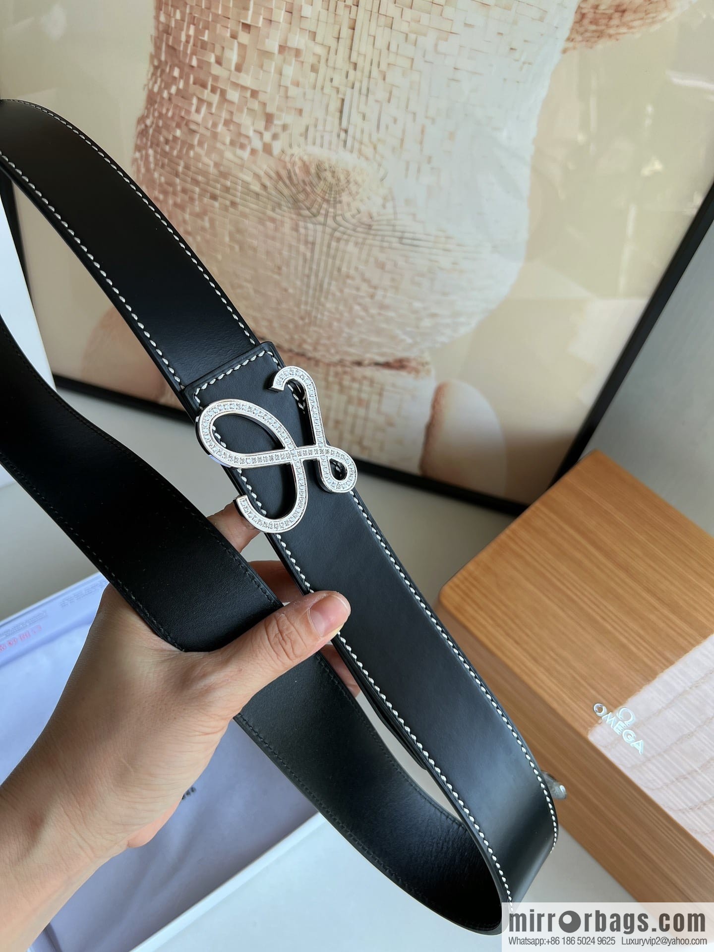 Loewe stainless steel logo inlaid diamond buckle combined with the first layer of cowhide double-sided external boutique belt 3.8cm