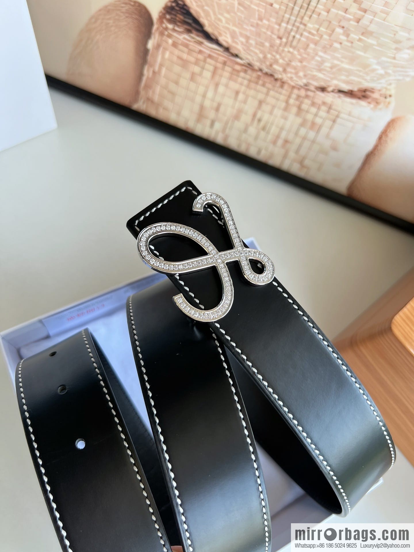 Loewe stainless steel logo inlaid diamond buckle combined with the first layer of cowhide double-sided external boutique belt 3.8cm