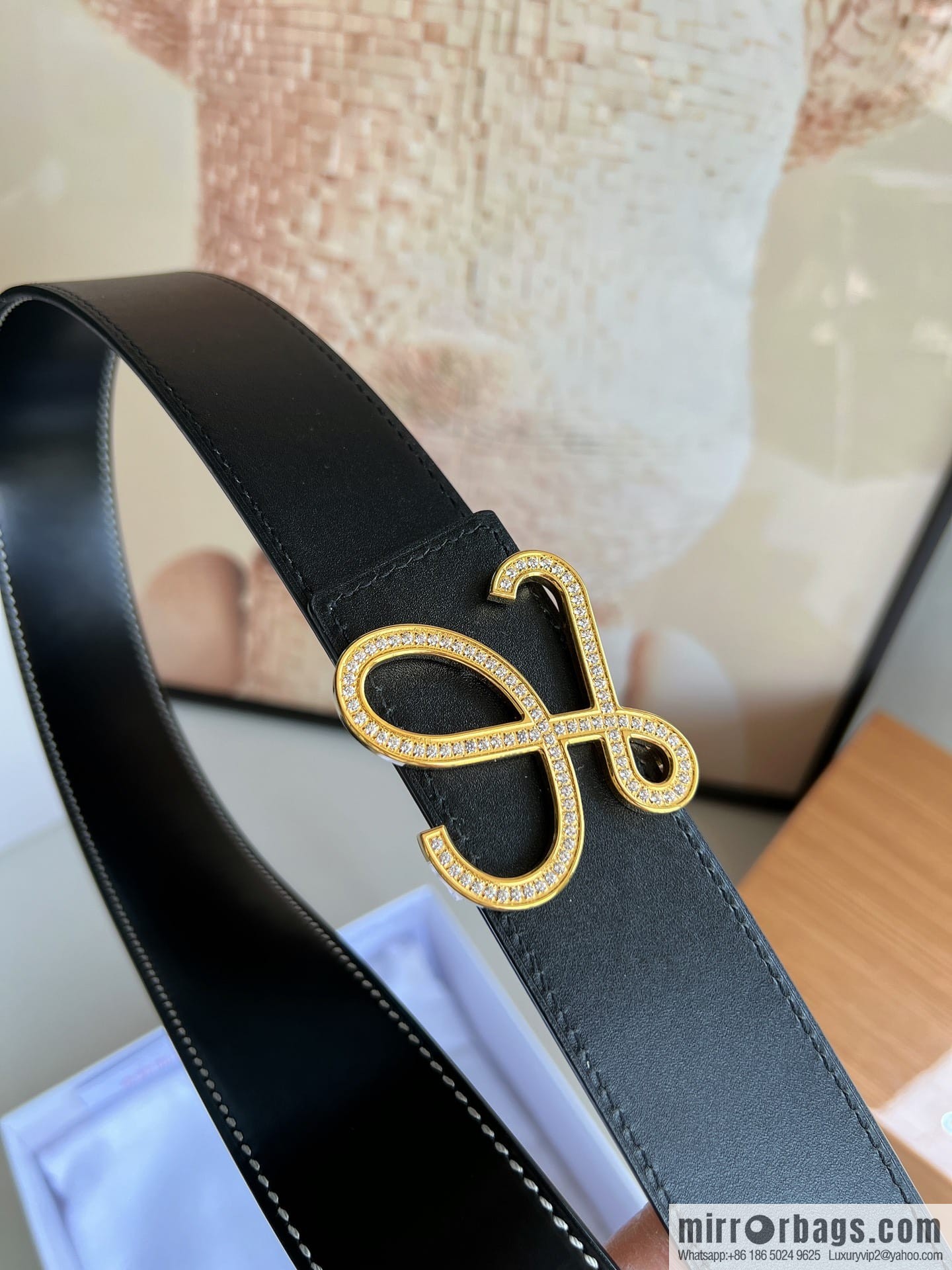 Loewe stainless steel logo inlaid diamond buckle combined with the first layer of cowhide double-sided external boutique belt 3.8cm