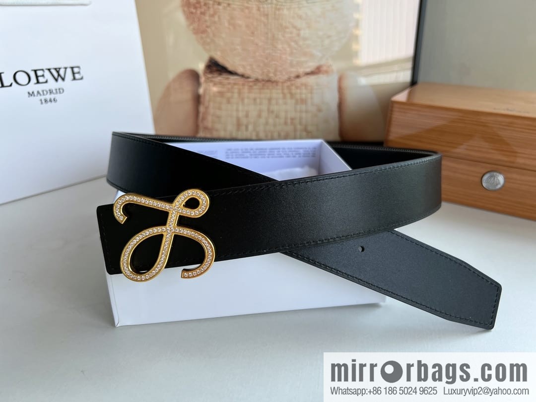 Loewe stainless steel logo inlaid diamond buckle combined with the first layer of cowhide double-sided external boutique belt 3.8cm