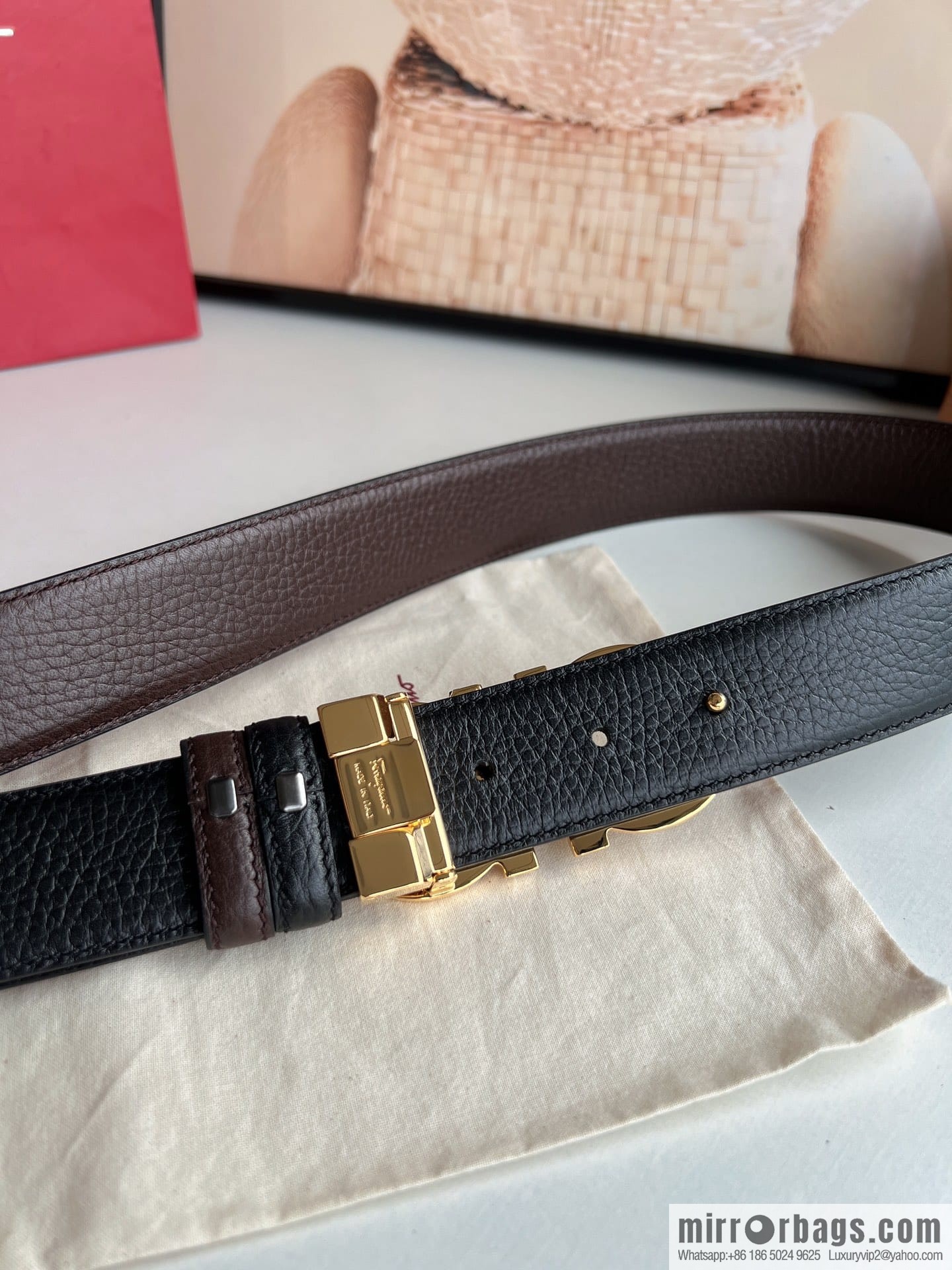 Ferragamo Ferragamo, Exquisite 8-Figure Metal Glossy Clip Buckle Men's 3.5cm Belt
