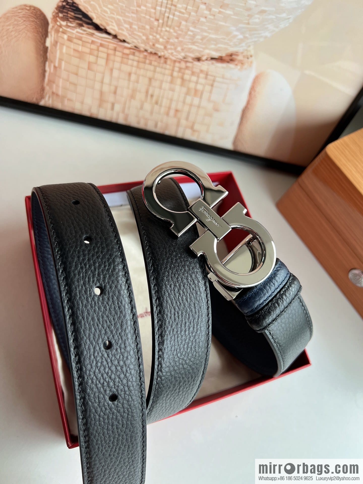 Ferragamo Ferragamo, Exquisite 8-Figure Metal Glossy Clip Buckle Men's 3.5cm Belt