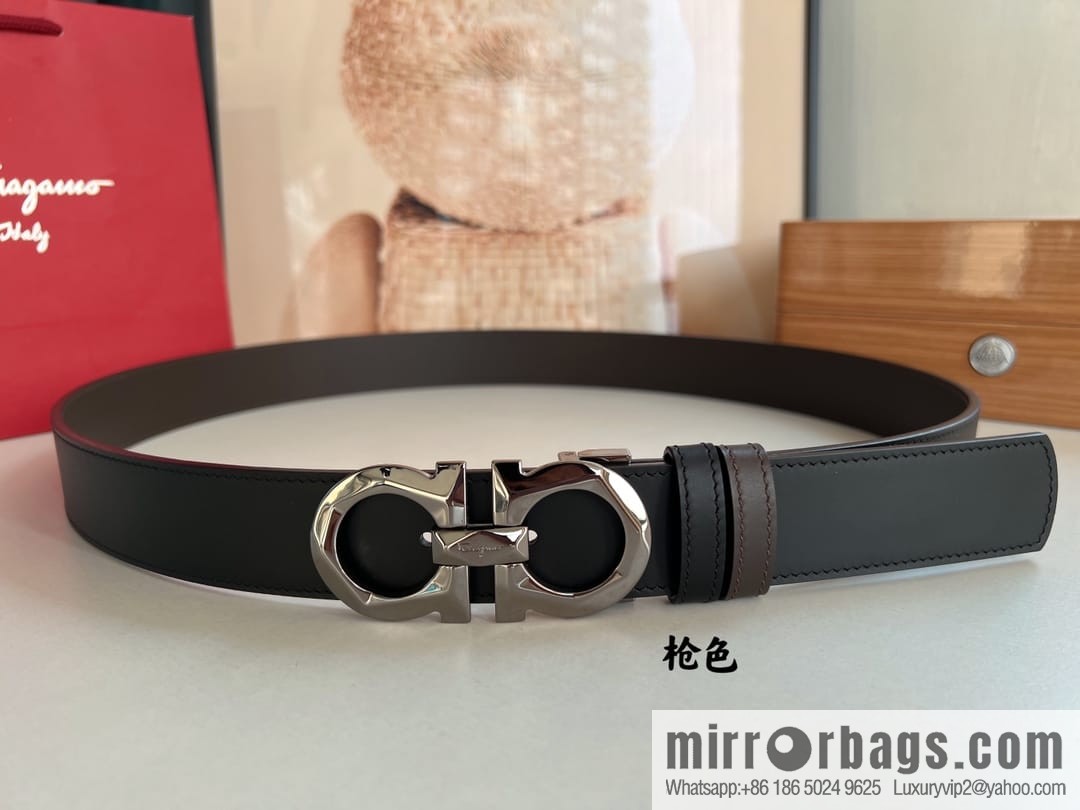 Salvatore Ferragamo Men's 3.5cm Delicate Double Circle Original Rhombus Buckle with First Cowhide Double Sided Belt
