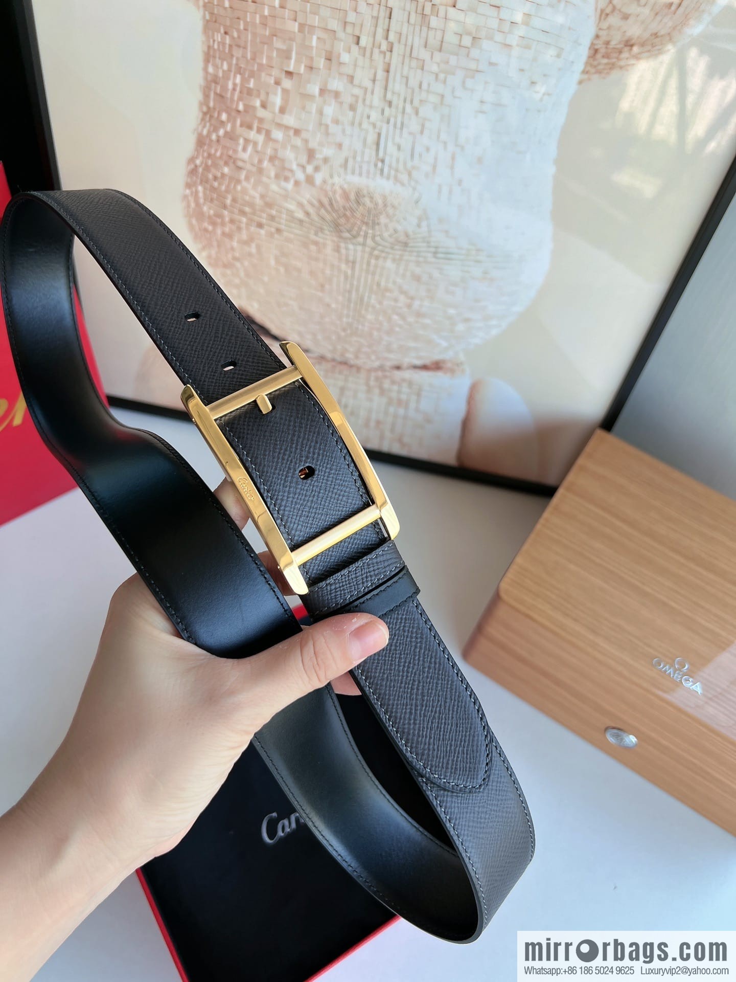 Cartier, textured grey cowhide double-sided men's belt