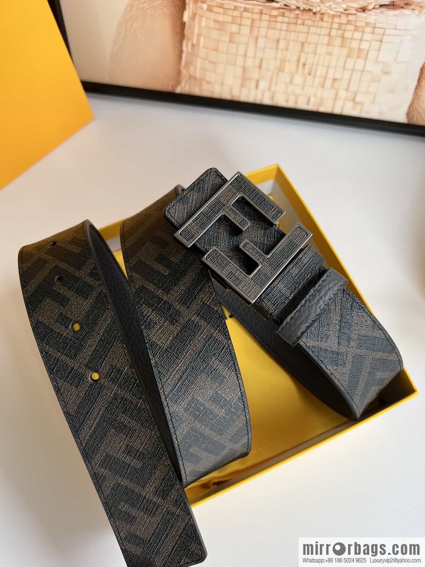 FENDI's latest extraordinary creative gradual change printing dark blue double FF cowhide belt 4.0cm