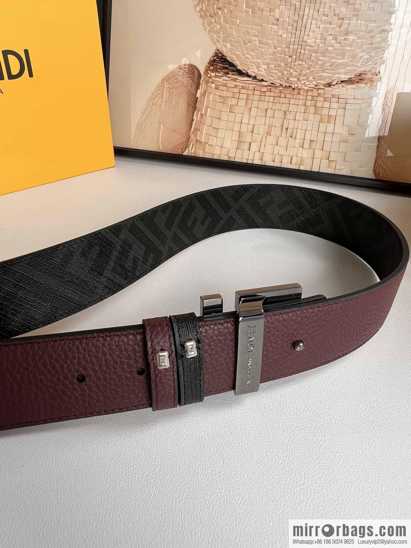 FENDI's latest extraordinary creative gradual change printing dark blue double FF cowhide belt 4.0cm