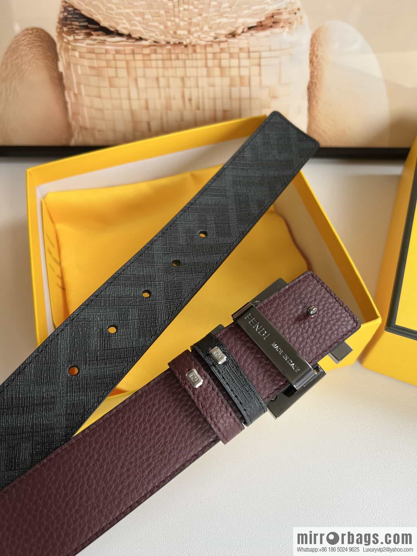 FENDI's latest extraordinary creative gradual change printing dark blue double FF cowhide belt 4.0cm